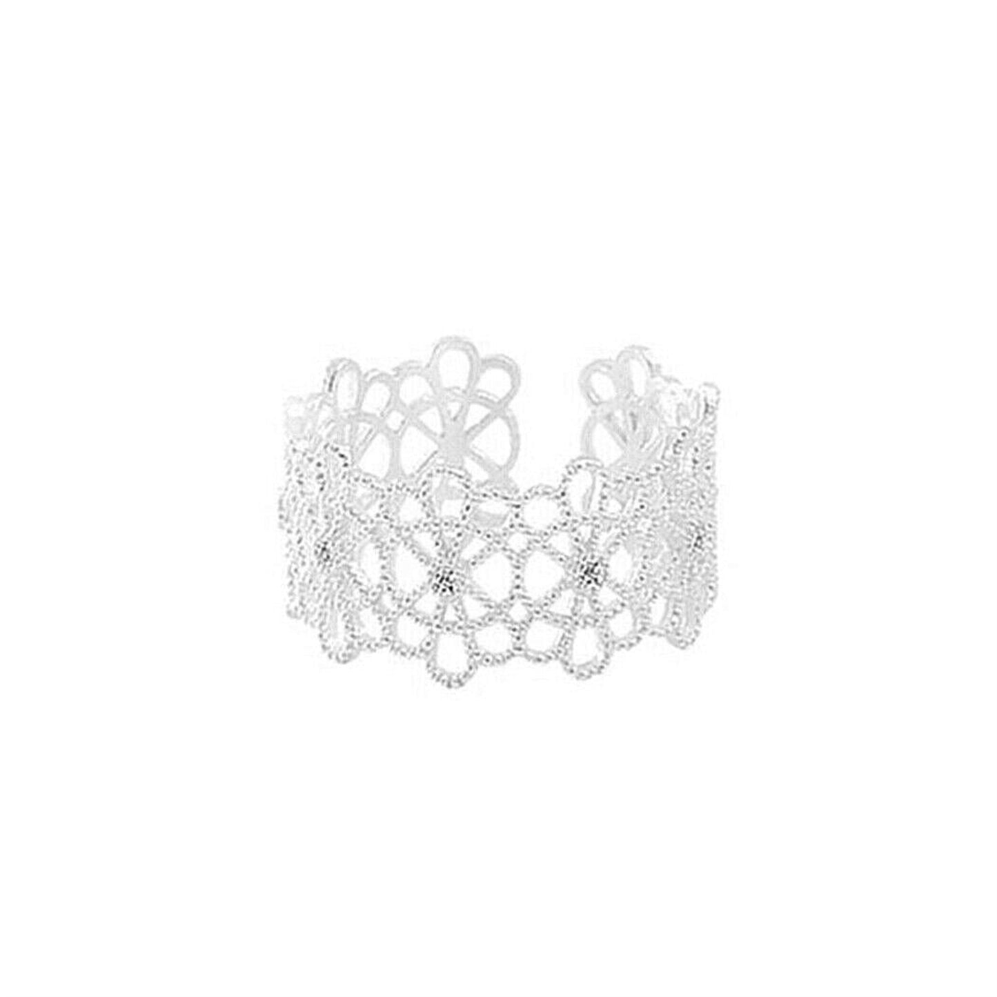 Sterling Silver CZ Filigree Lace Floral Wide Open Band Ring - sugarkittenlondon