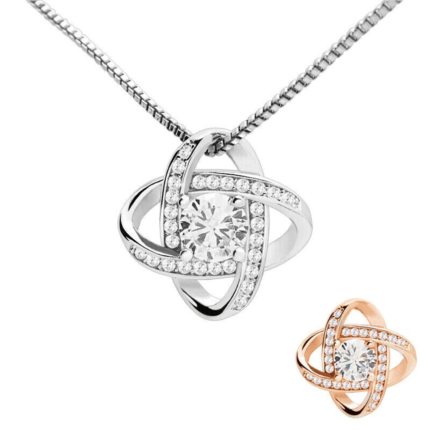 Sterling Silver 14mm Halo CZ Knot Flower Pendant Necklace Rhodium / Rose Gold - sugarkittenlondon