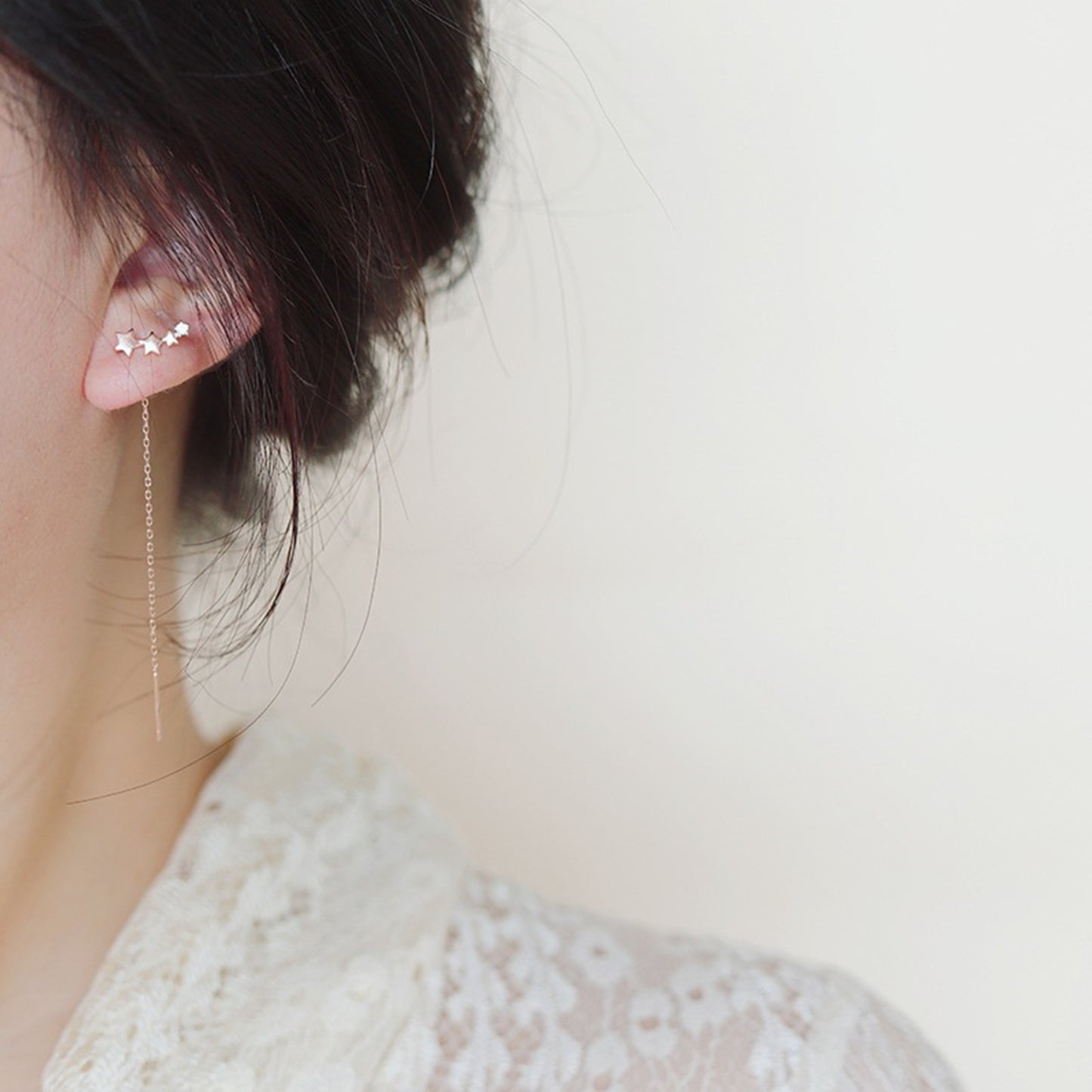 Sterling Silver Linked Stars CZ Chain Drop Pull Through Threader Earrings 2 Tones - sugarkittenlondon