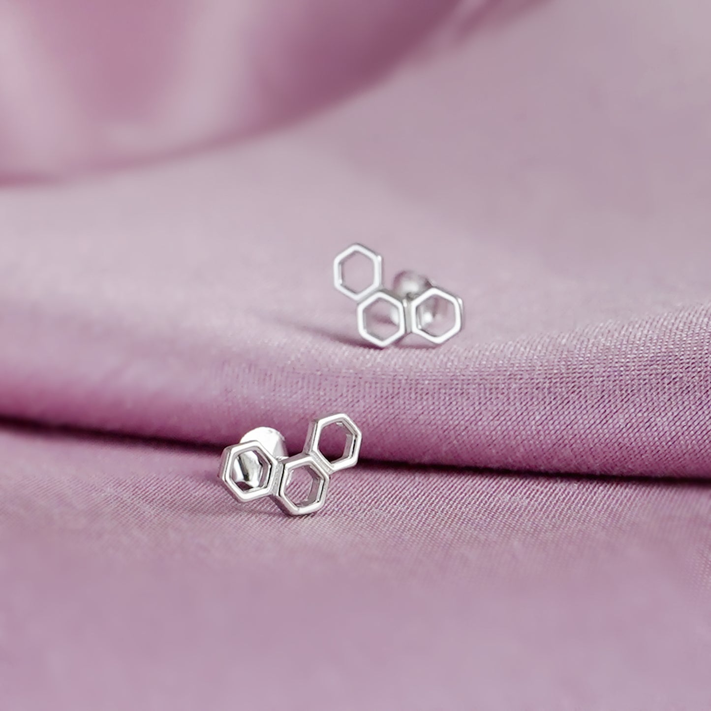 Sterling Silver Hex Hoop Earrings with Triple Beehive Design