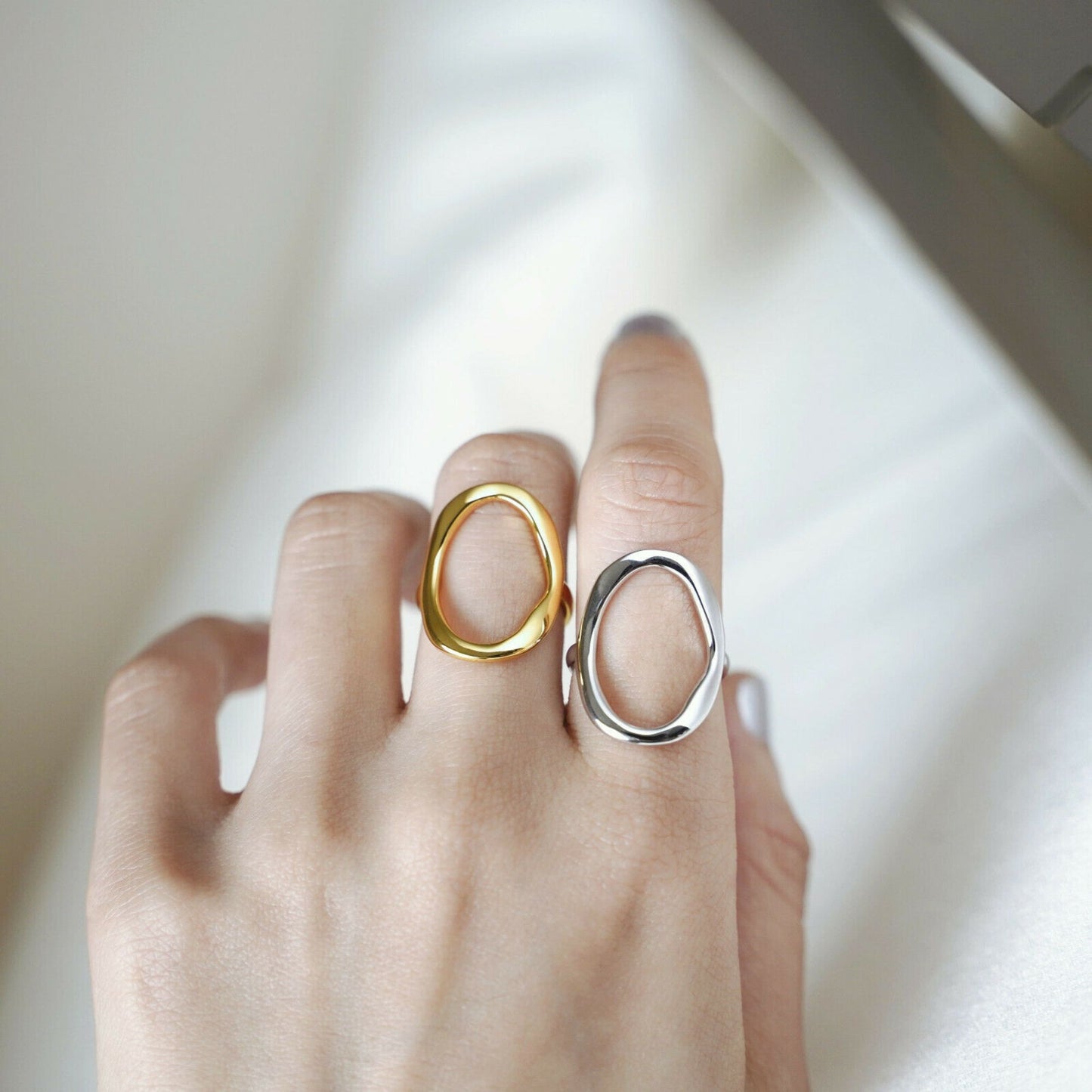 Gold on sterling silver rings chunky Shiny Bent oval shape cove ring - sugarkittenlondon