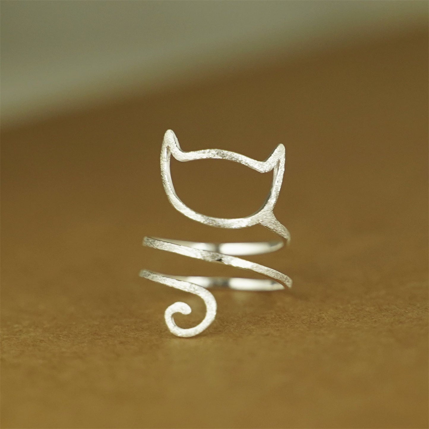 Sterling Silver Hollow Cat Kitten Long Tail Wrap Ring UK Size M Adjustable - sugarkittenlondon