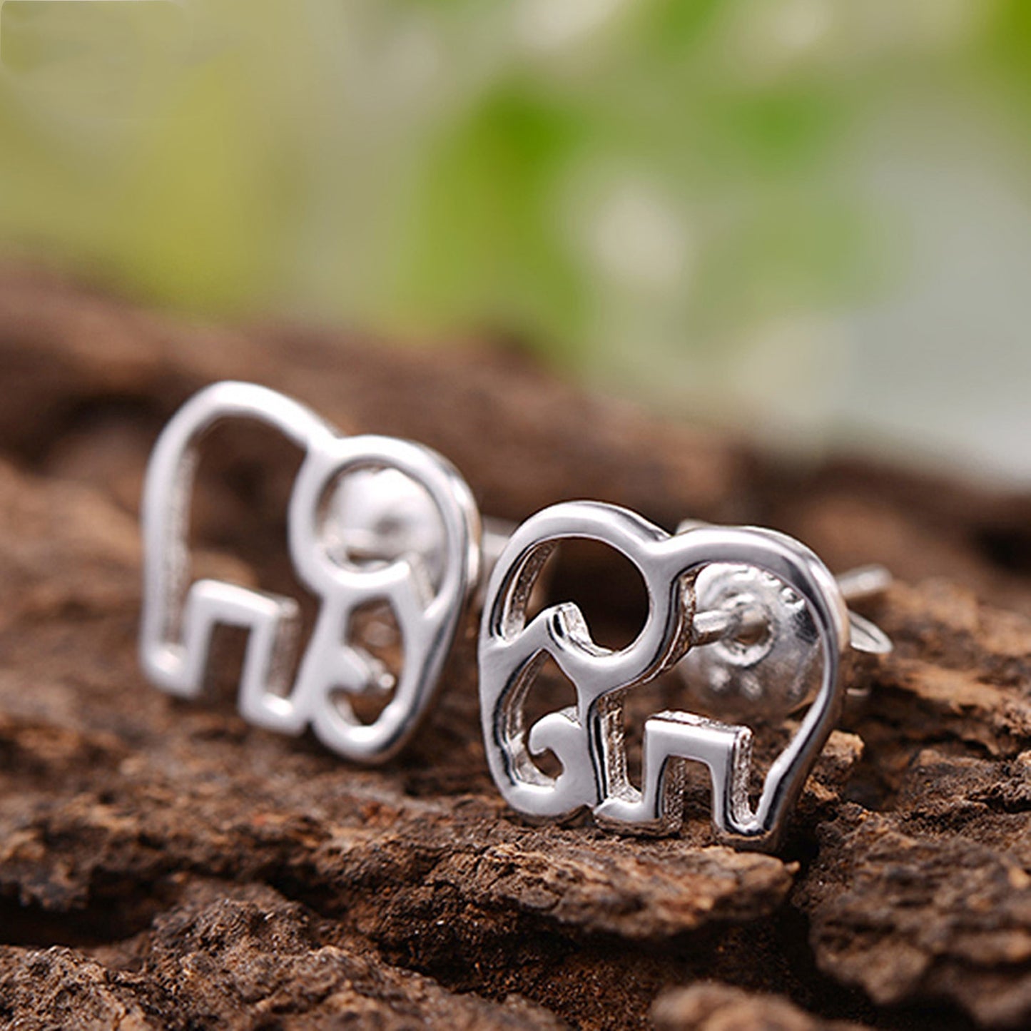 Rhodium on Sterling Silver Hollow Out Elephant Stud Earrings - sugarkittenlondon