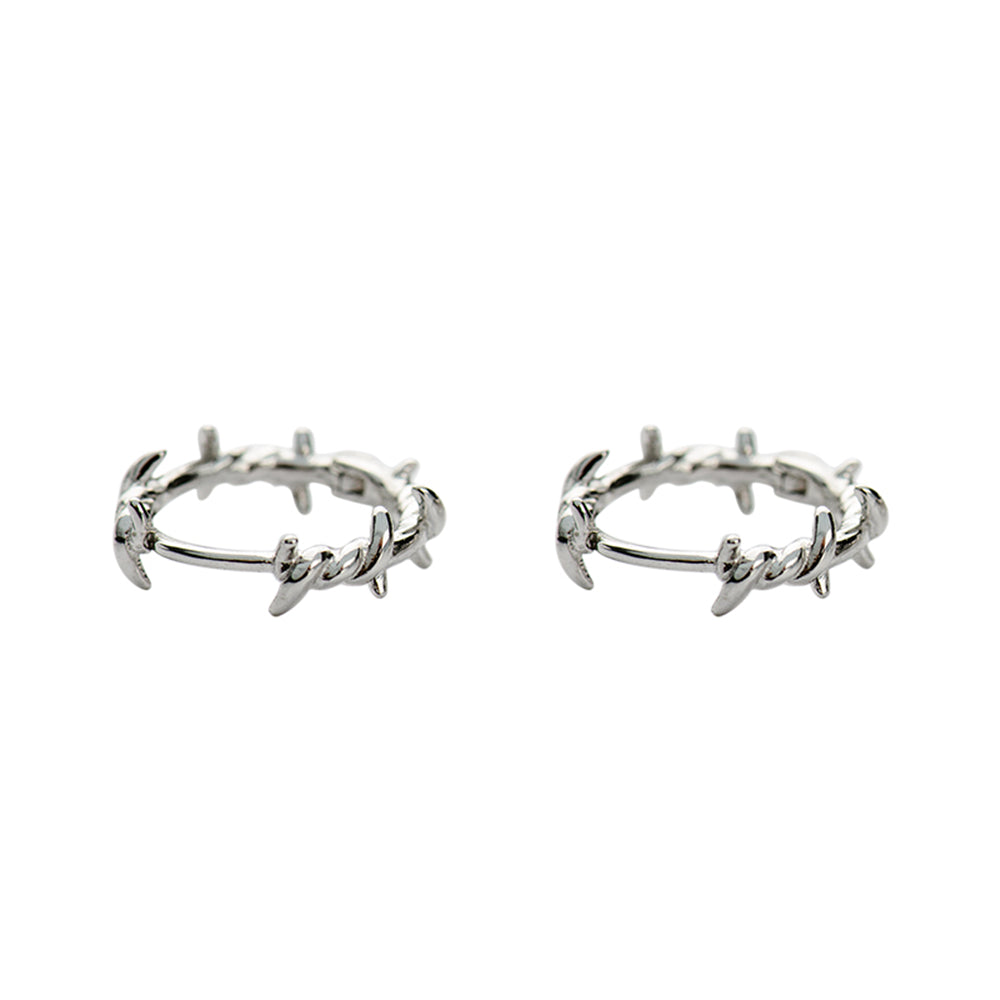 925 Sterling Silver Barb Wire Hoop Sleeper Earrings with Twisted Thorn Branch Design