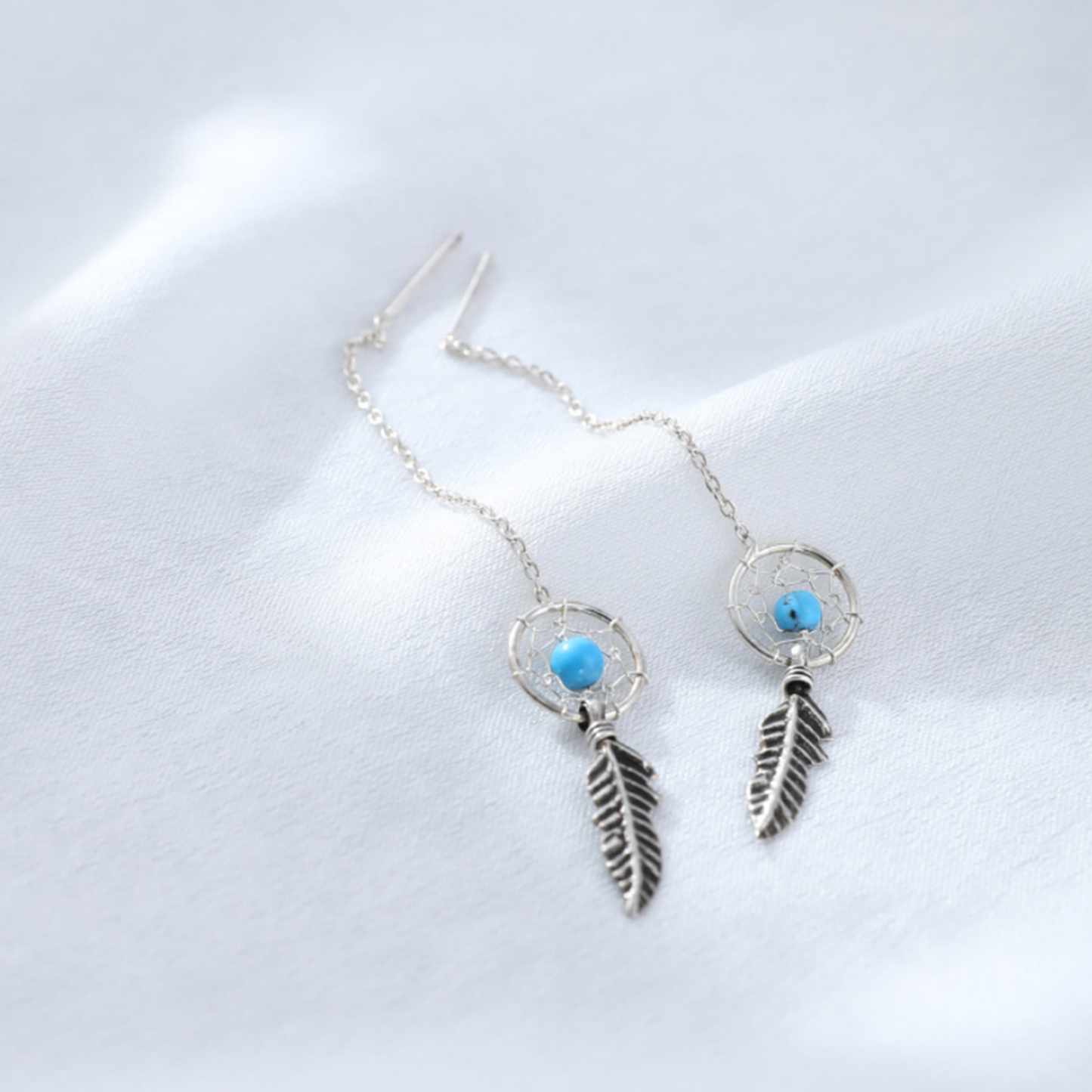 Sterling Silver Oxidized Dream Catcher Wing Feather Bead Ball Threader Earrings - Thread Ball Earrings