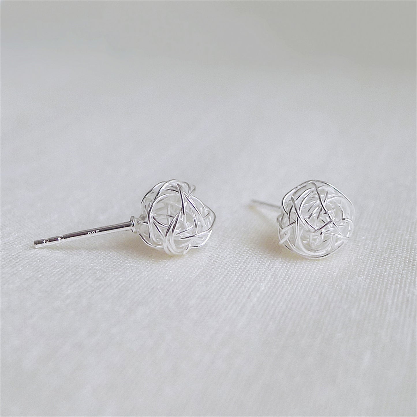 Sterling Silver 8mm Twisted Love Knot Wool Ball Stud Earrings