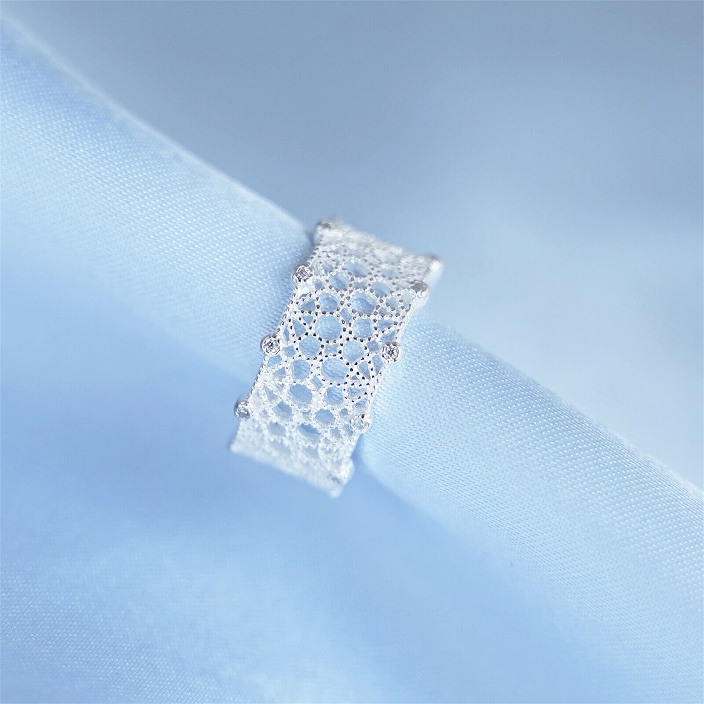 Sterling Silver CZ Filigree Lace Floral Wide Open Band Ring - sugarkittenlondon