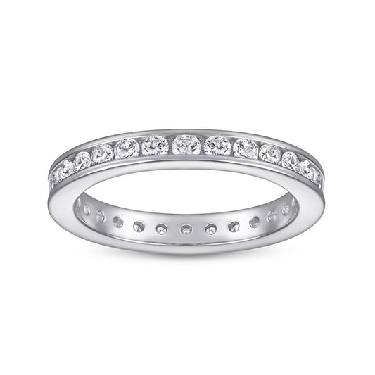 Silver eternity ring with a continuous row of round stones across the top