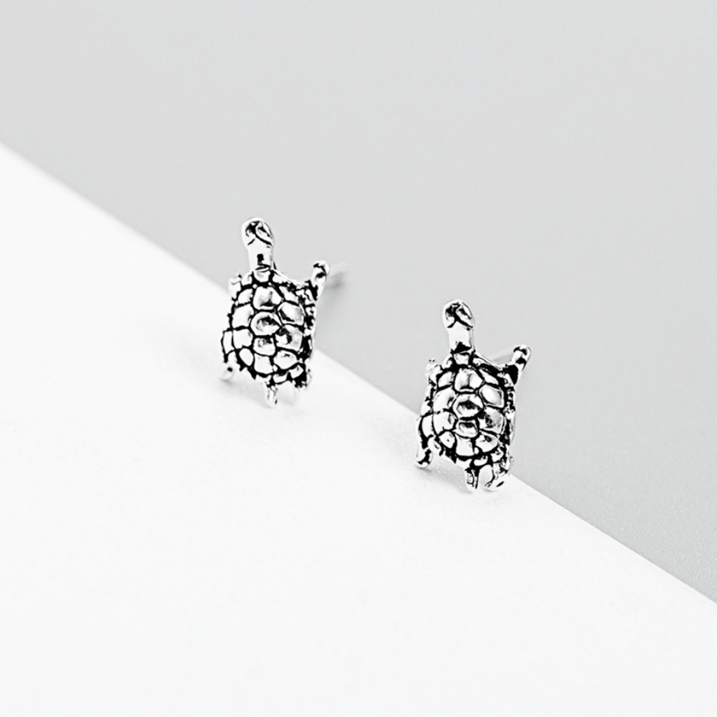 Sterling Silver Mini Oxidized 3D Tortoise Turtle Stud Earrings Boxed - sugarkittenlondon