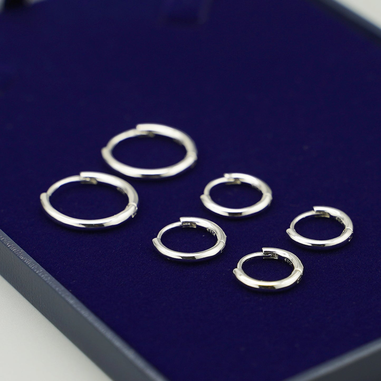 3-Tone Sterling Silver 2mm Band Huggie Sleeper Hoop Earrings (8-14mm Hoops)