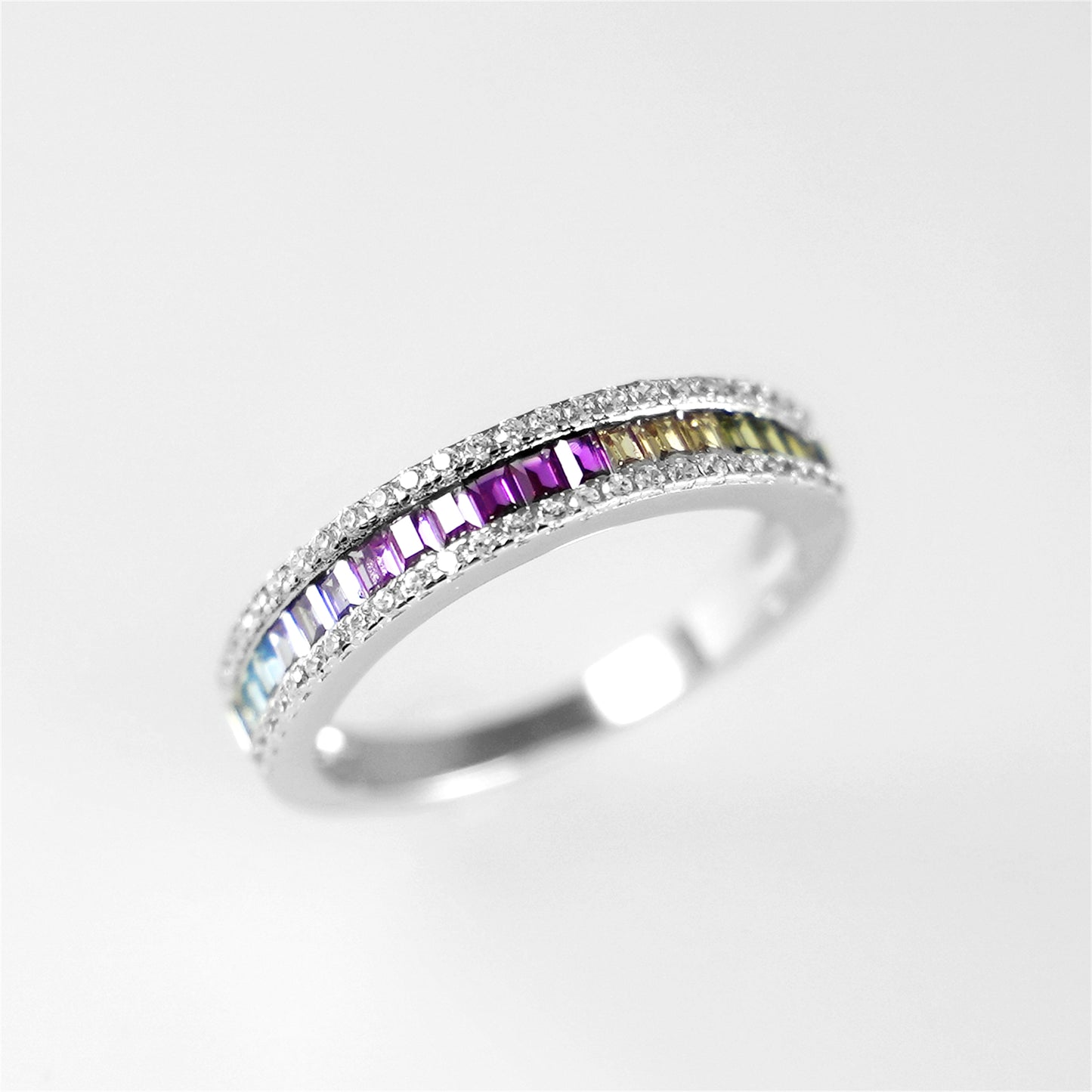 Sterling Silver Half Channel Set Baguette Rainbow Multi-Colour CZ Eternity Ring - sugarkittenlondon