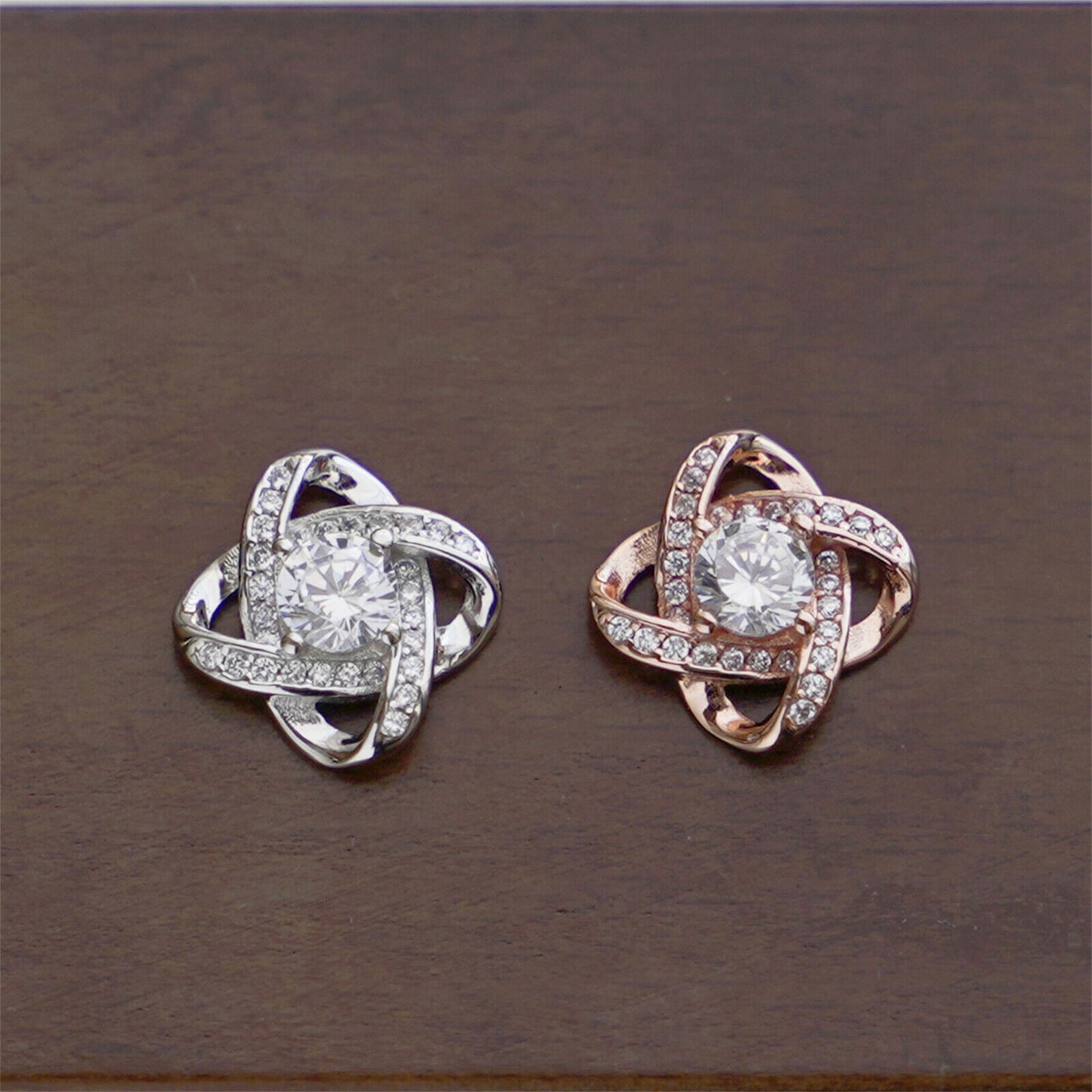Sterling Silver 14mm Halo CZ Knot Flower Pendant Necklace Rhodium / Rose Gold - sugarkittenlondon