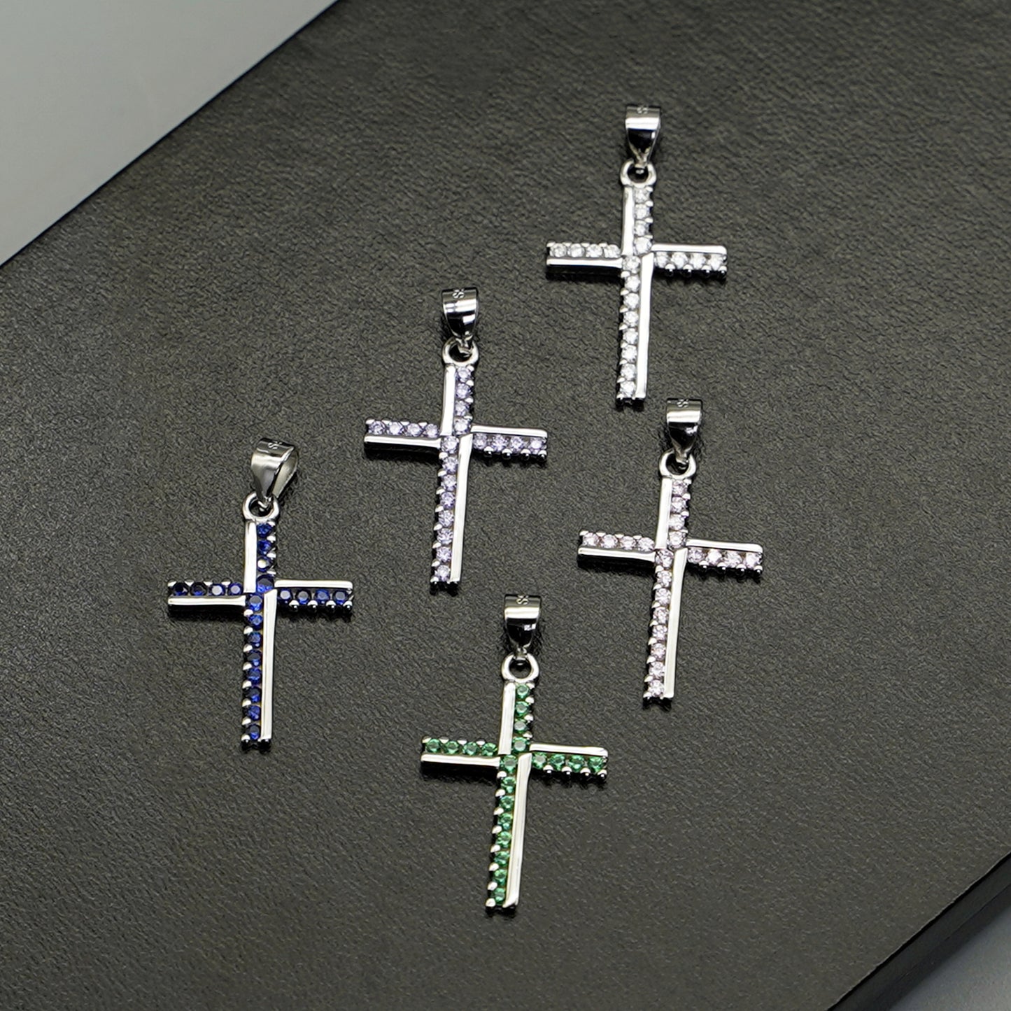 SKL Sterling Silver Half CZ Paved Christian Cross Pendant Necklace Choice of Colours