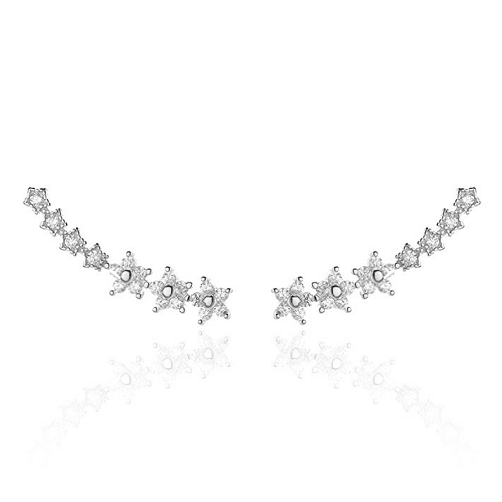Sterling Silver Paved CZ Curved Line Star Flower Post Drop Climber Earrings 3 Tones
