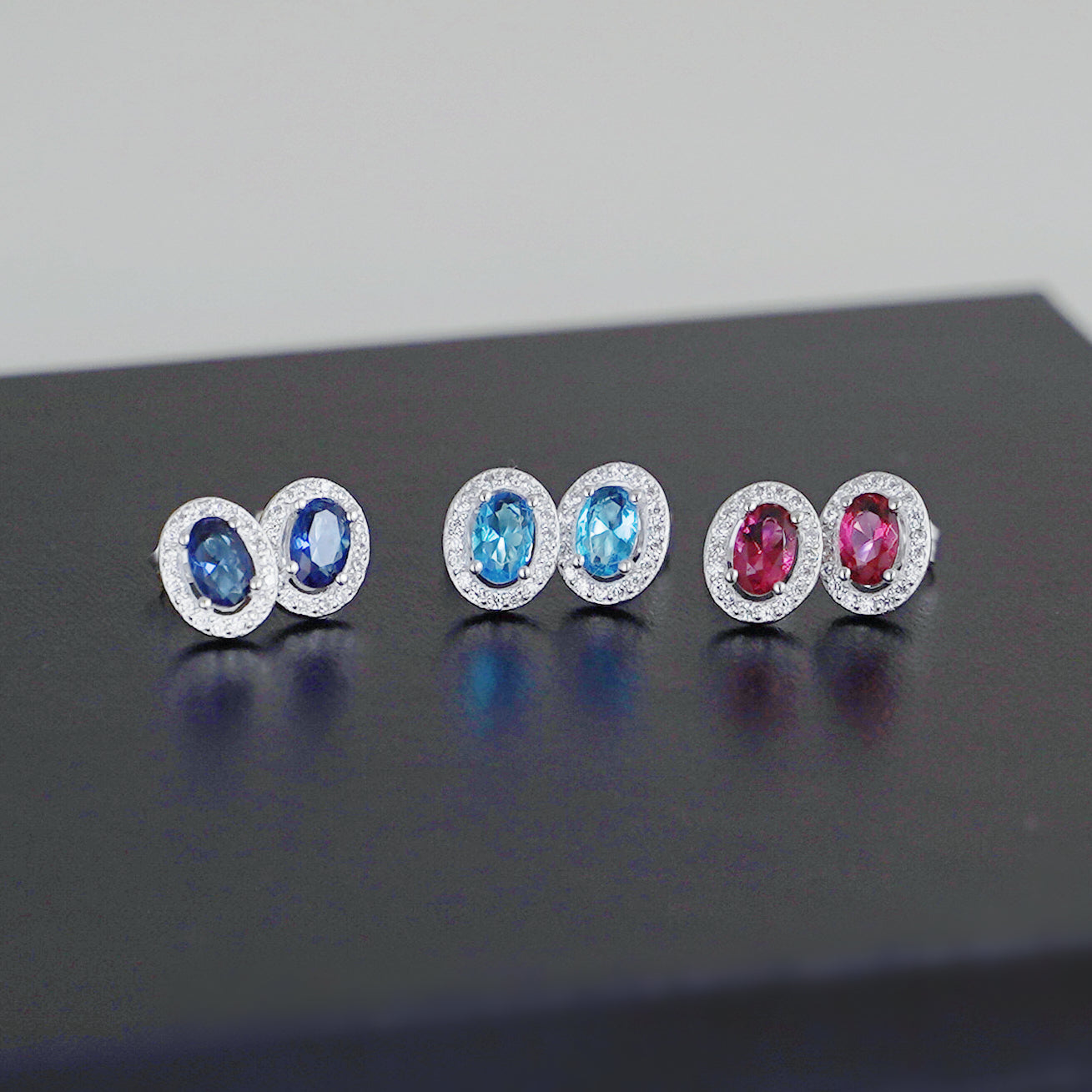 Sterling Silver Halo Earrings Blue Sapphire Red Ruby Light Blue Aquamarine Colour CZ Studs