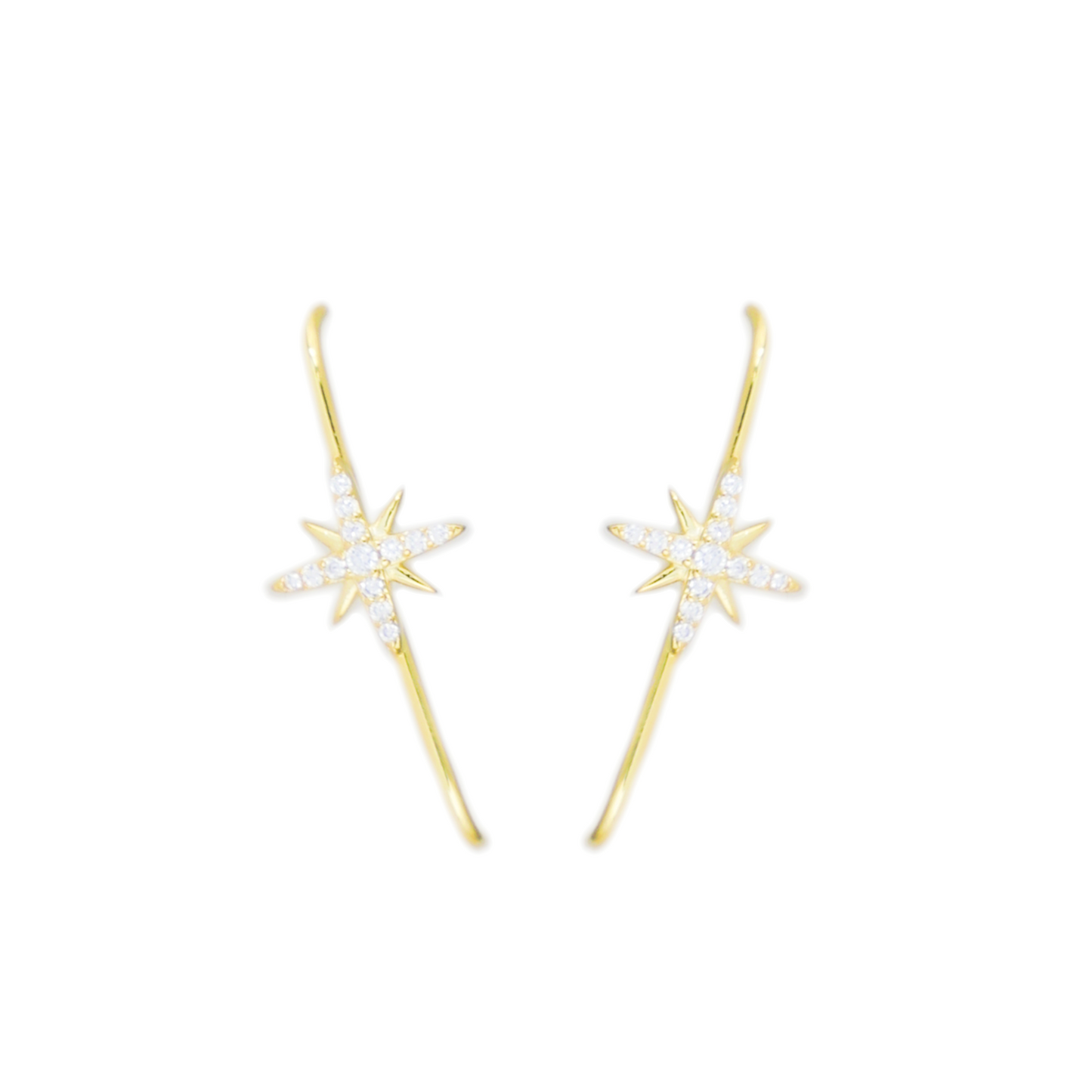 18K Gold on Sterling Silver North Pole Star CZ Suspender Bar Cuff Stud Earrings