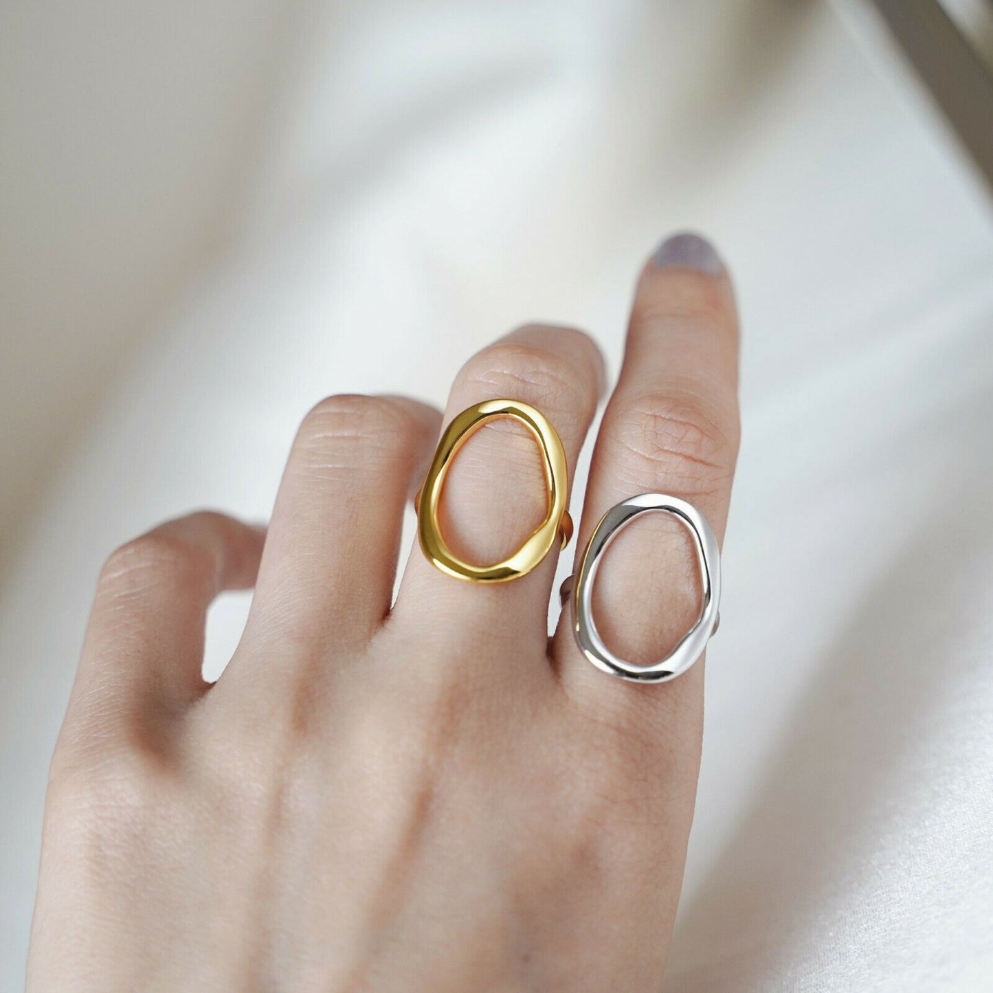 Gold on Sterling Silver Chunky Shiny Bent Oval Shape Cove Ring - on hand