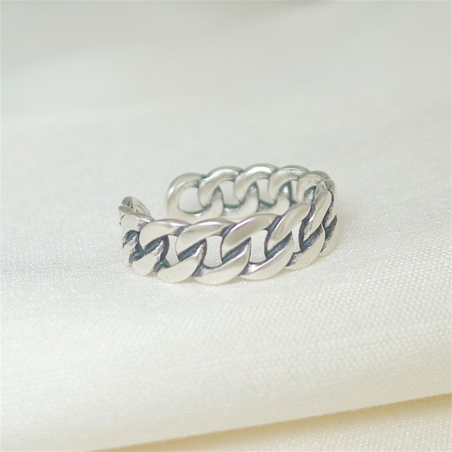 Sterling Sliver Oxidized 6mm Curb Chain Biker Ring Open Band Unisex - sugarkittenlondon