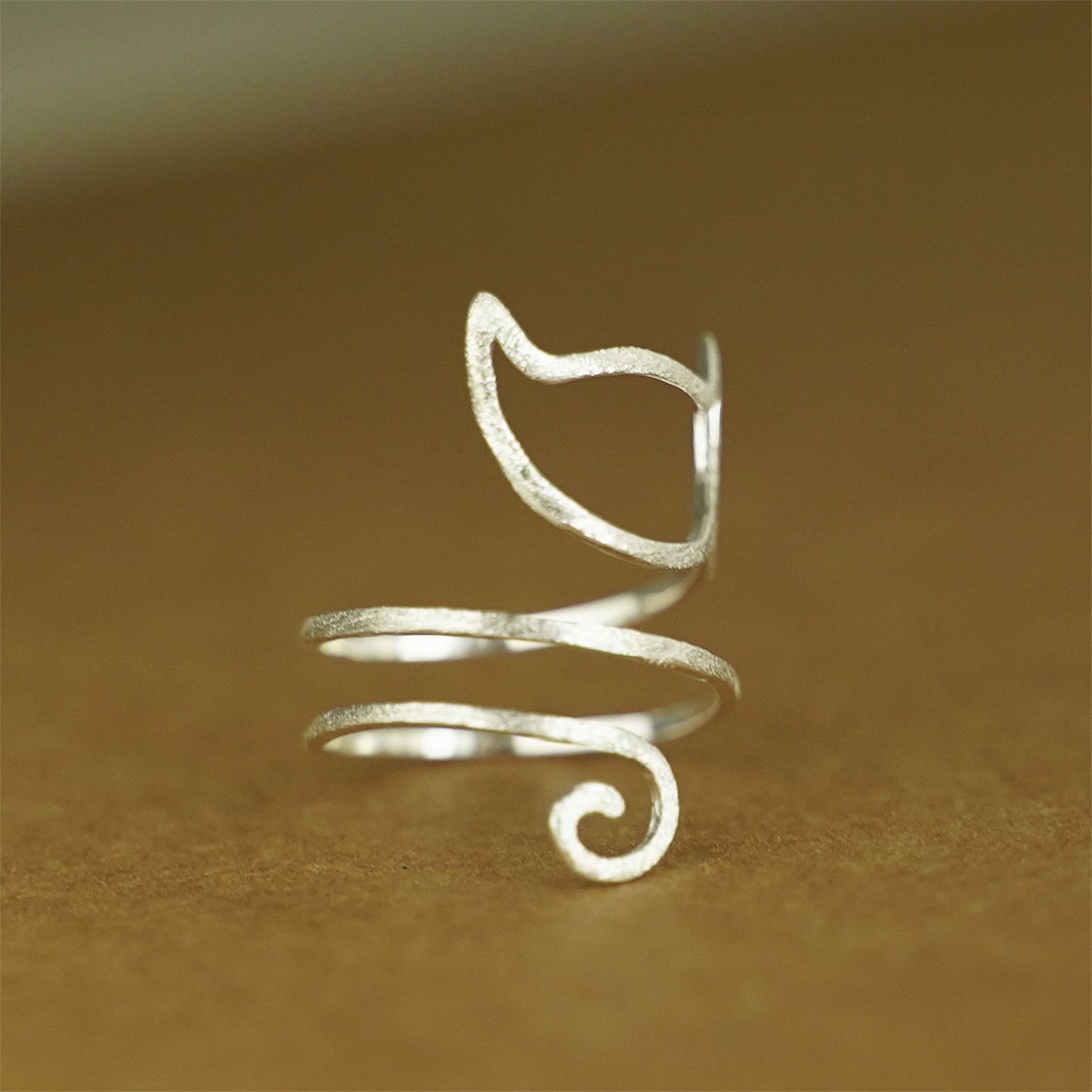Sterling Silver Hollow Cat Kitten Long Tail Wrap Ring UK Size M Adjustable - sugarkittenlondon
