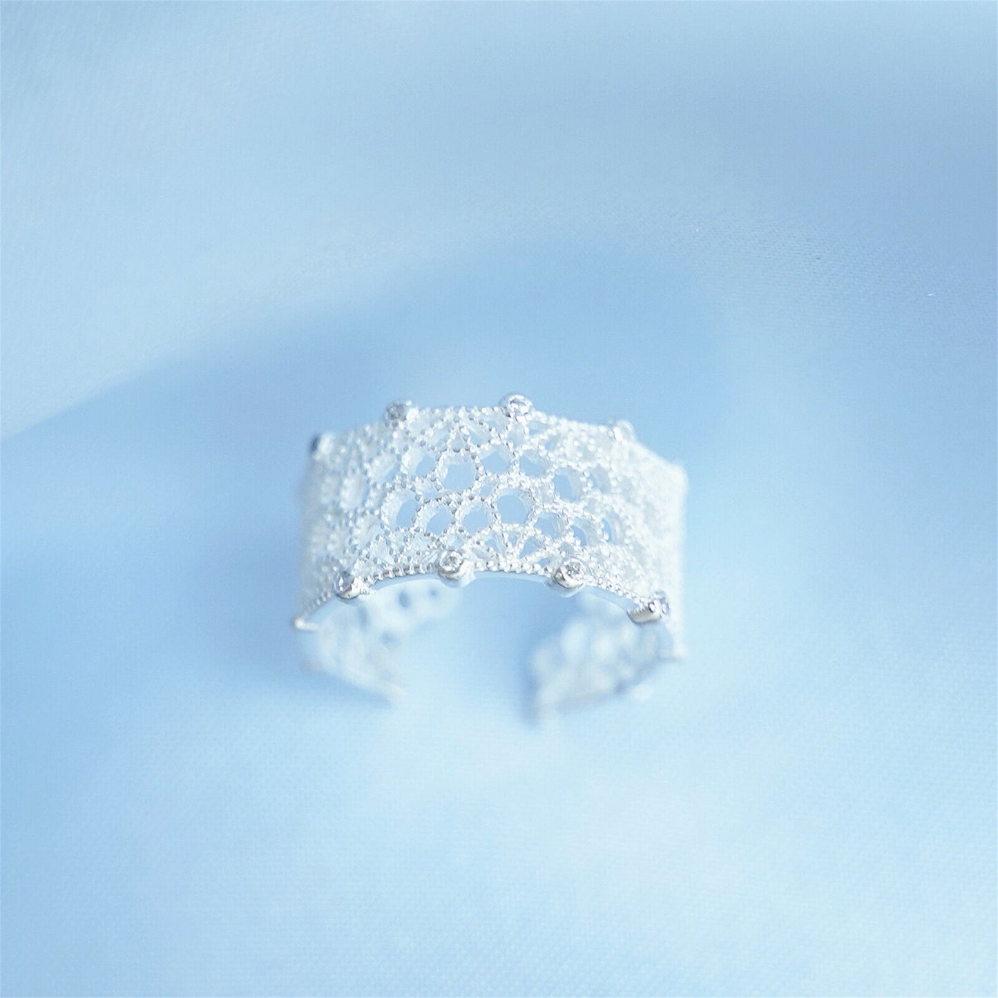 Sterling Silver CZ Filigree Lace Floral Wide Open Band Ring - sugarkittenlondon