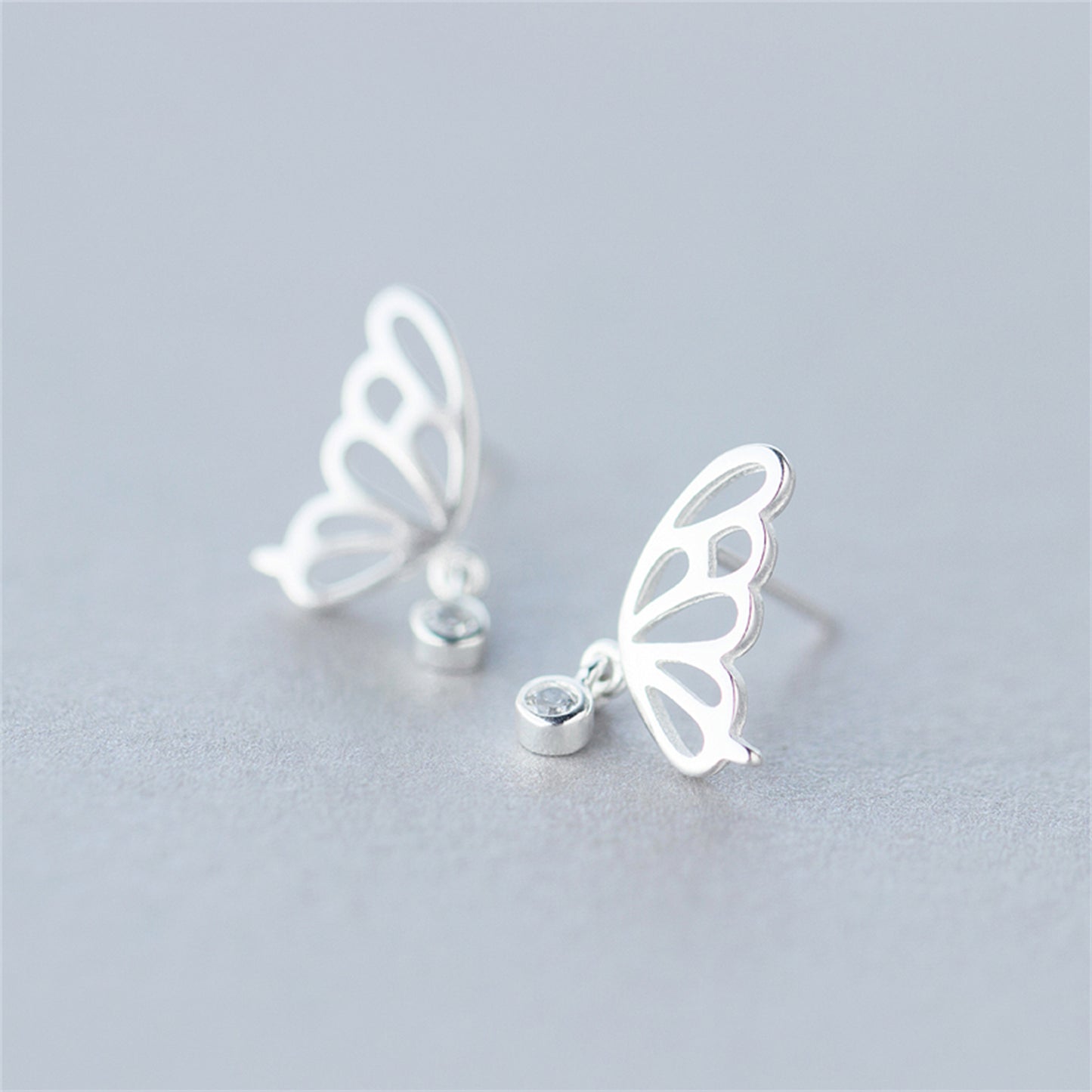 Sterling Silver Hollow Butterfly Wing Bezel CZ Drop Dangle Stud Earrings - sugarkittenlondon