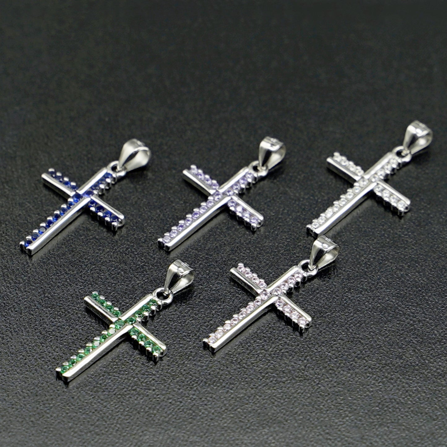SKL Sterling Silver Half CZ Paved Christian Cross Pendant Necklace Choice of Colours