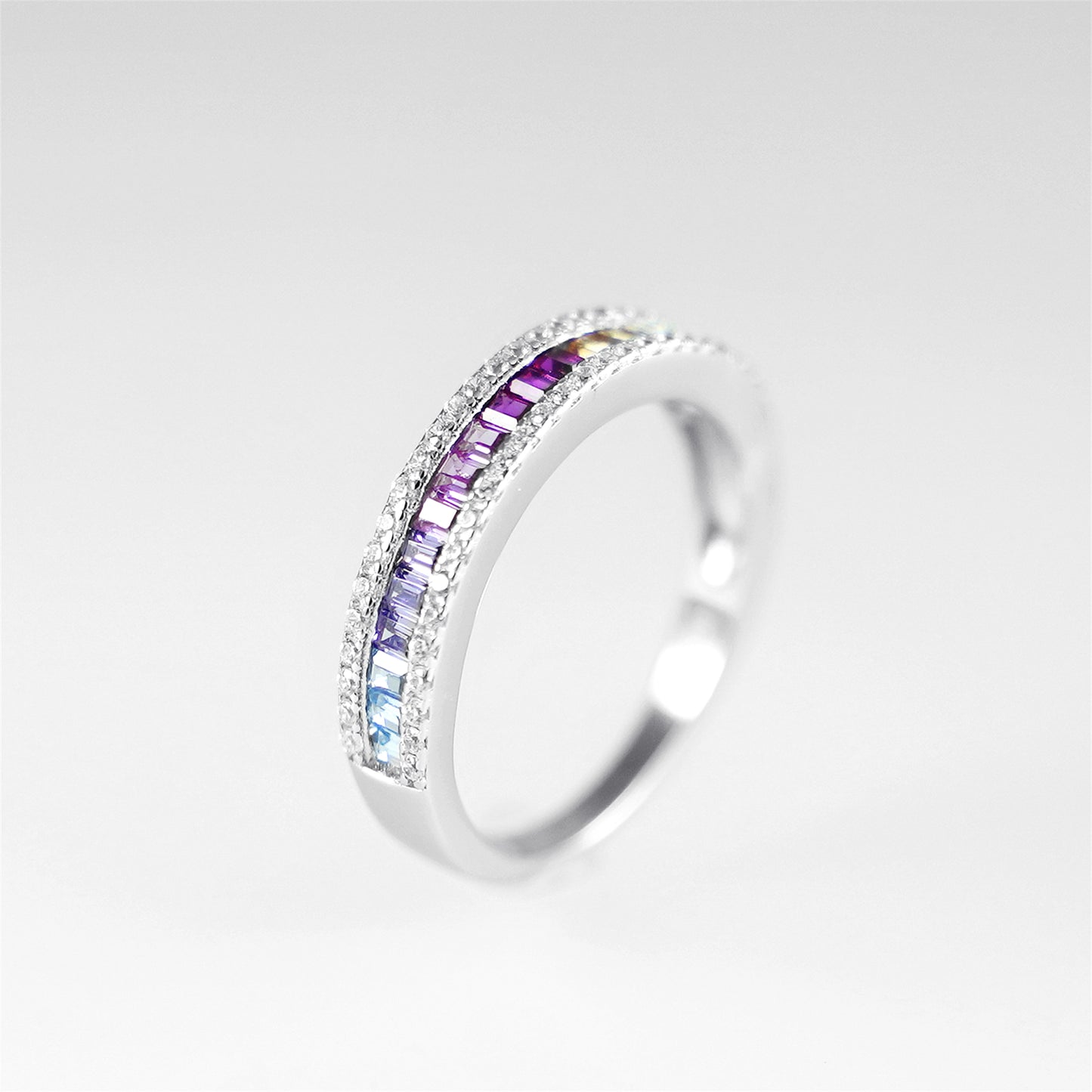 Sterling Silver Half Channel Set Baguette Rainbow Multi-Colour CZ Eternity Ring - sugarkittenlondon