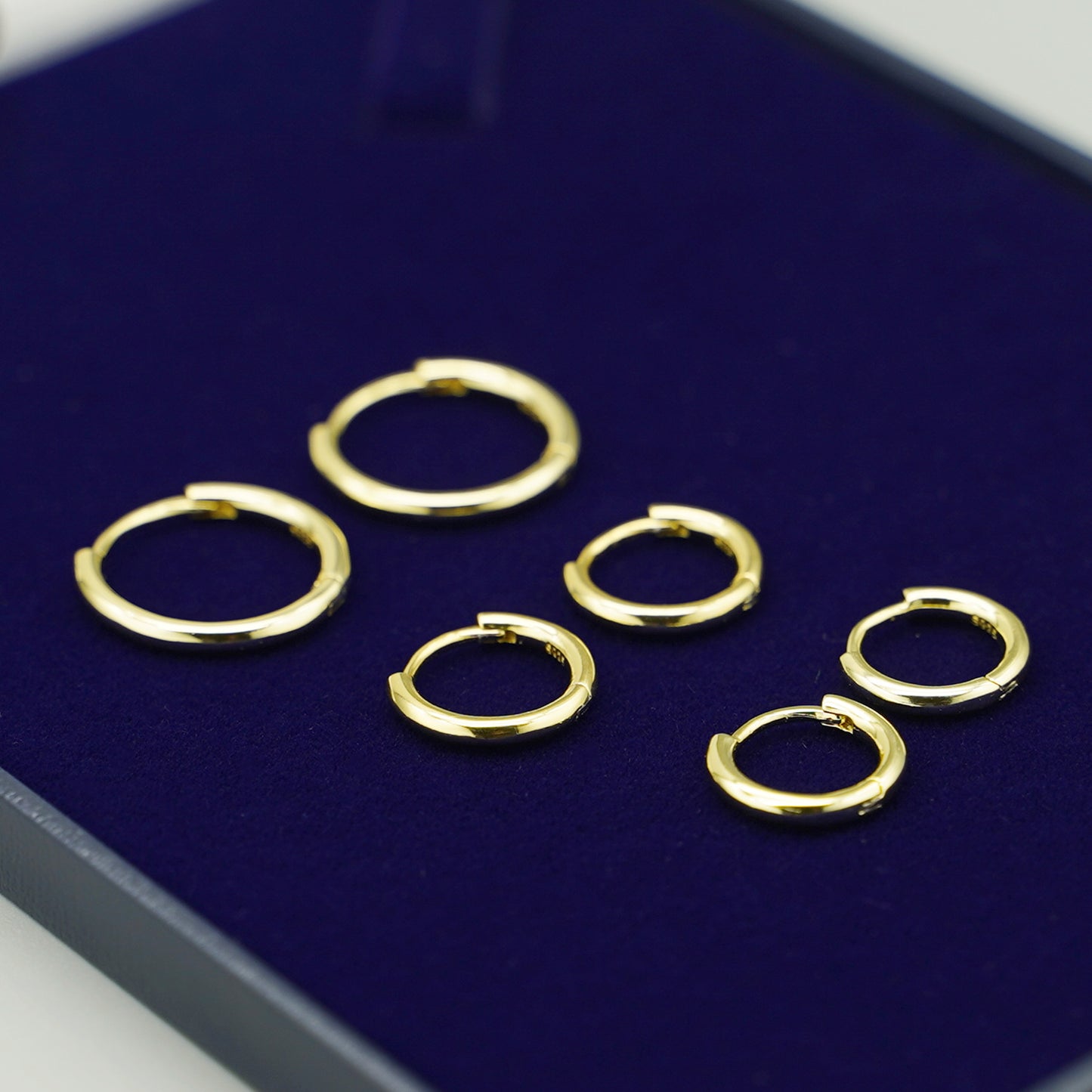 3-Tone Sterling Silver 2mm Band Huggie Sleeper Hoop Earrings (8-14mm Hoops)