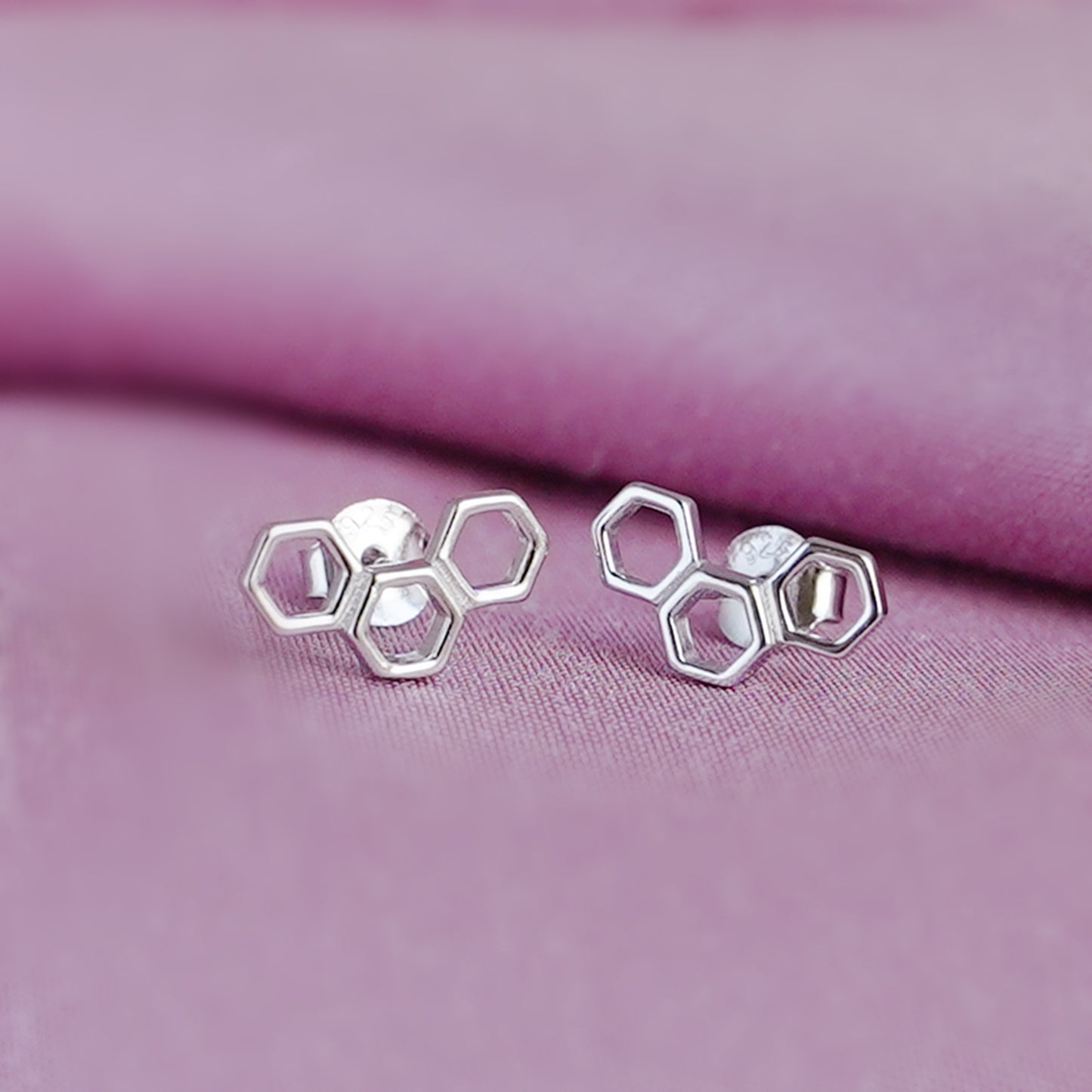 Sterling Silver Hex Hoop Earrings with Triple Beehive Design