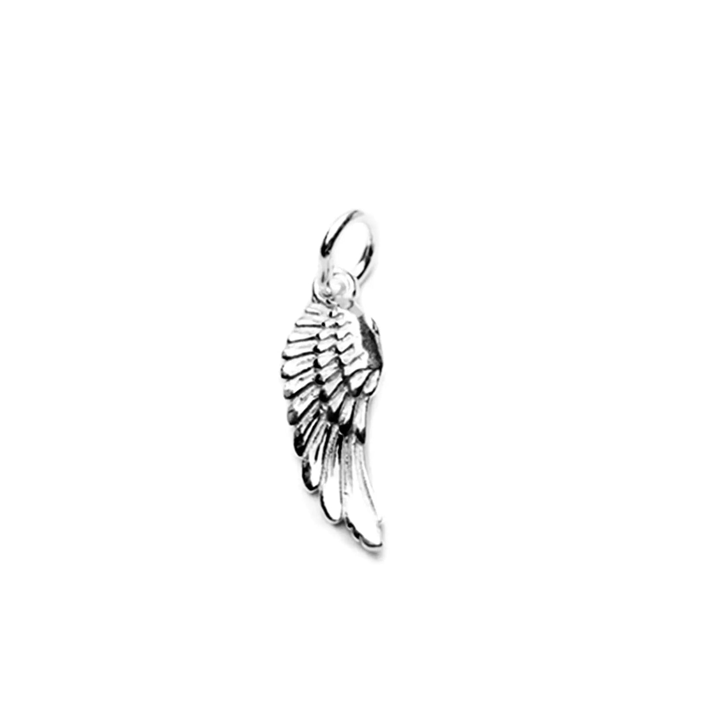 Curved feather wing charm pendant with hoop clasp, shiny silver metal finish.