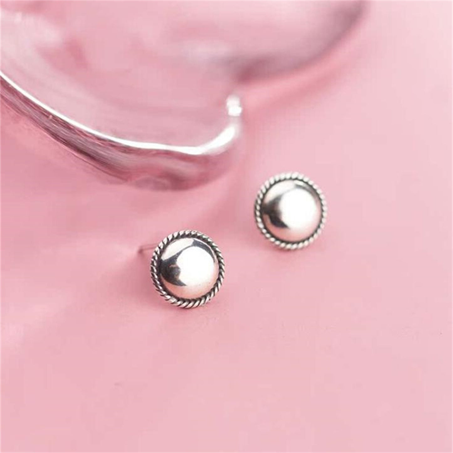 Sterling Silver Oxidized 10mm Dome Dot Stud Half Ball Twist Knot Edged Earrings