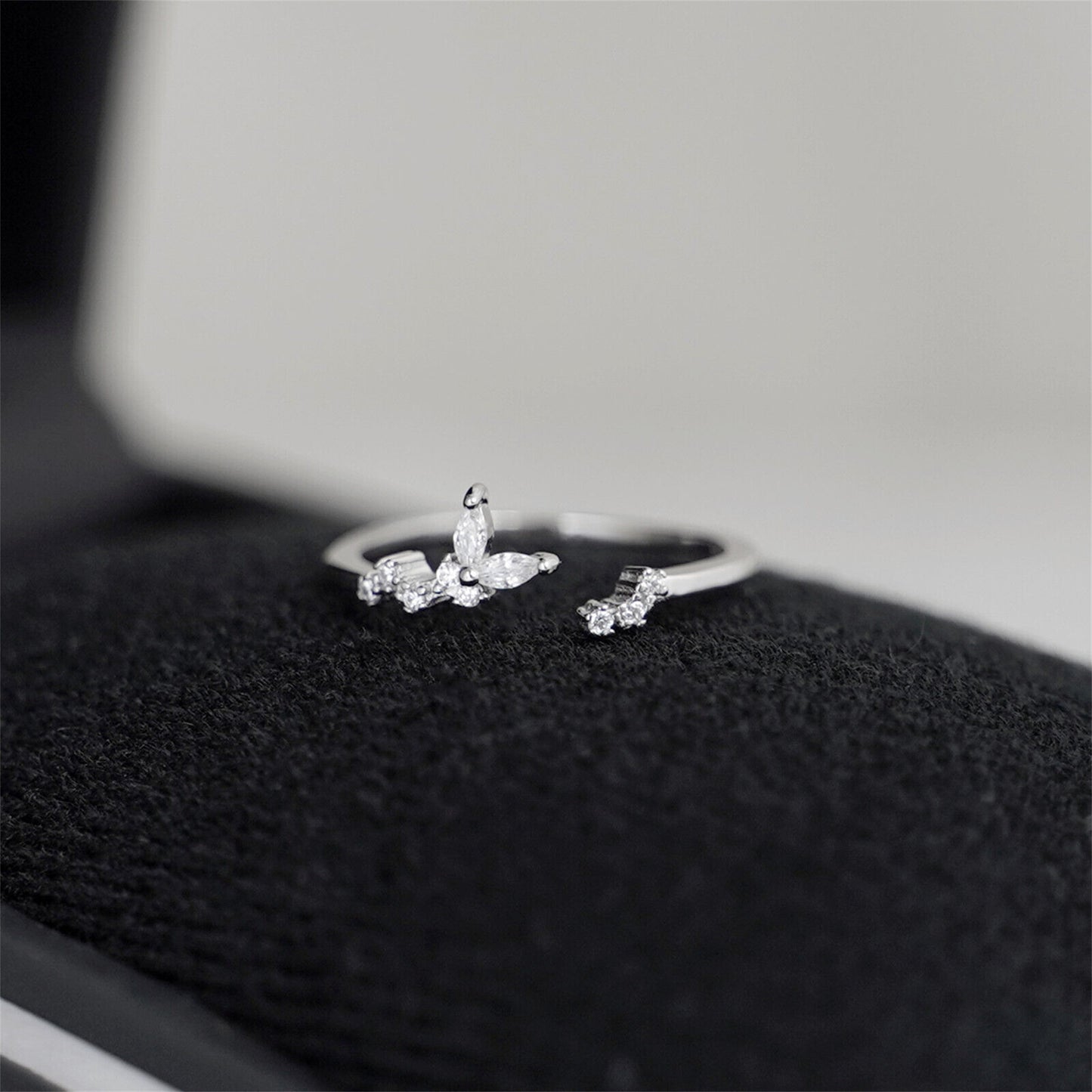Rhodium on Sterling Silver Sparkling Crystal CZ Butterfly Open End Ring - sugarkittenlondon