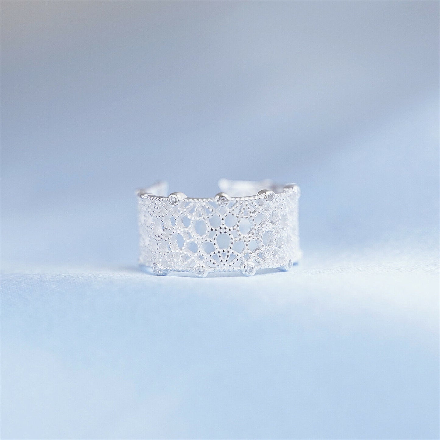 Sterling Silver CZ Filigree Lace Floral Wide Open Band Ring - sugarkittenlondon