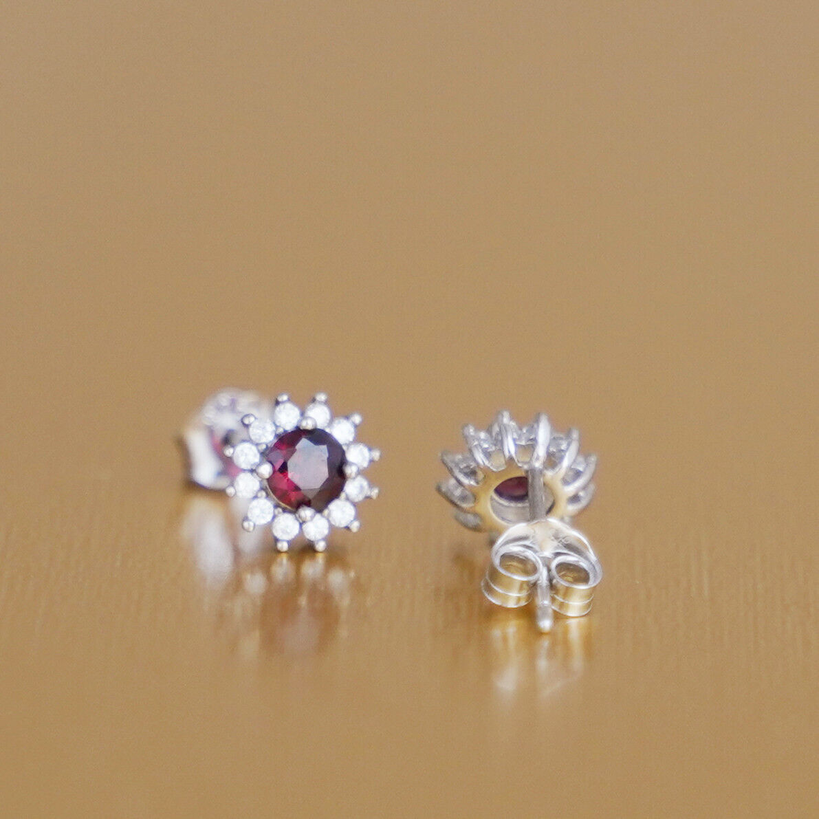 Sterling Silver 4mm Cut Red Pyrope Garnet Colour CZ Round Flower Cluster Stud Earrings