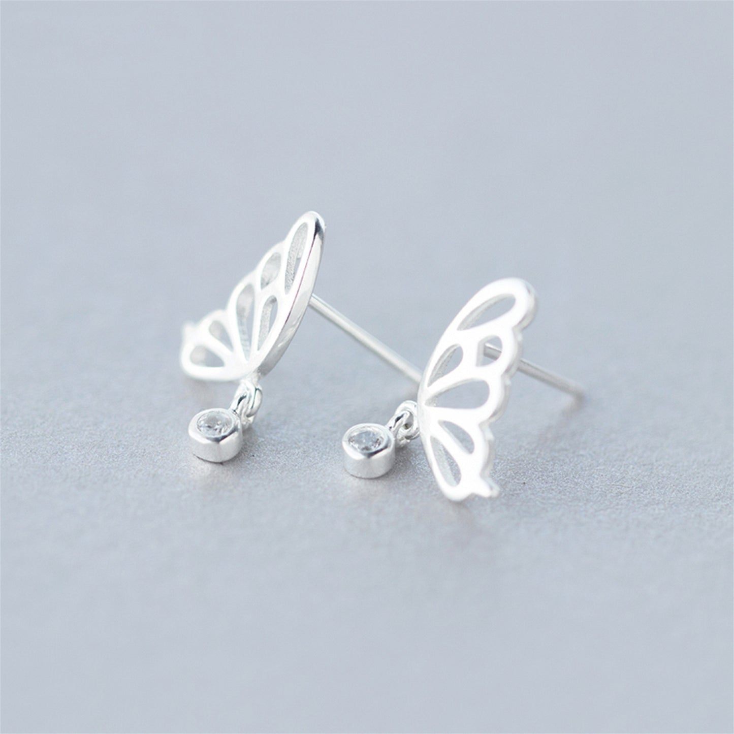 Sterling Silver Hollow Butterfly Wing Bezel CZ Drop Dangle Stud Earrings - sugarkittenlondon