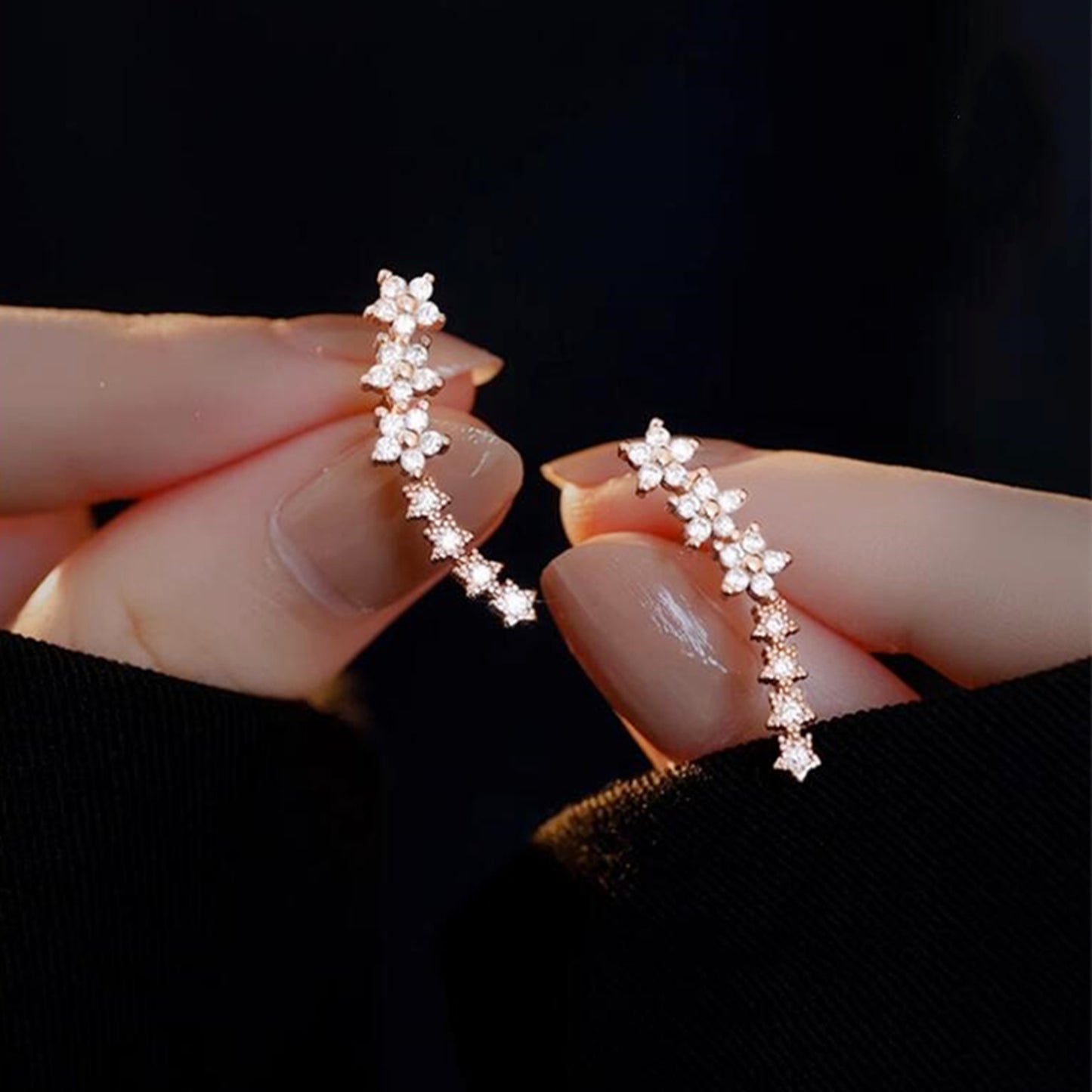 Sterling Silver Paved CZ Curved Line Star Flower Post Drop Climber Earrings 3 Tones