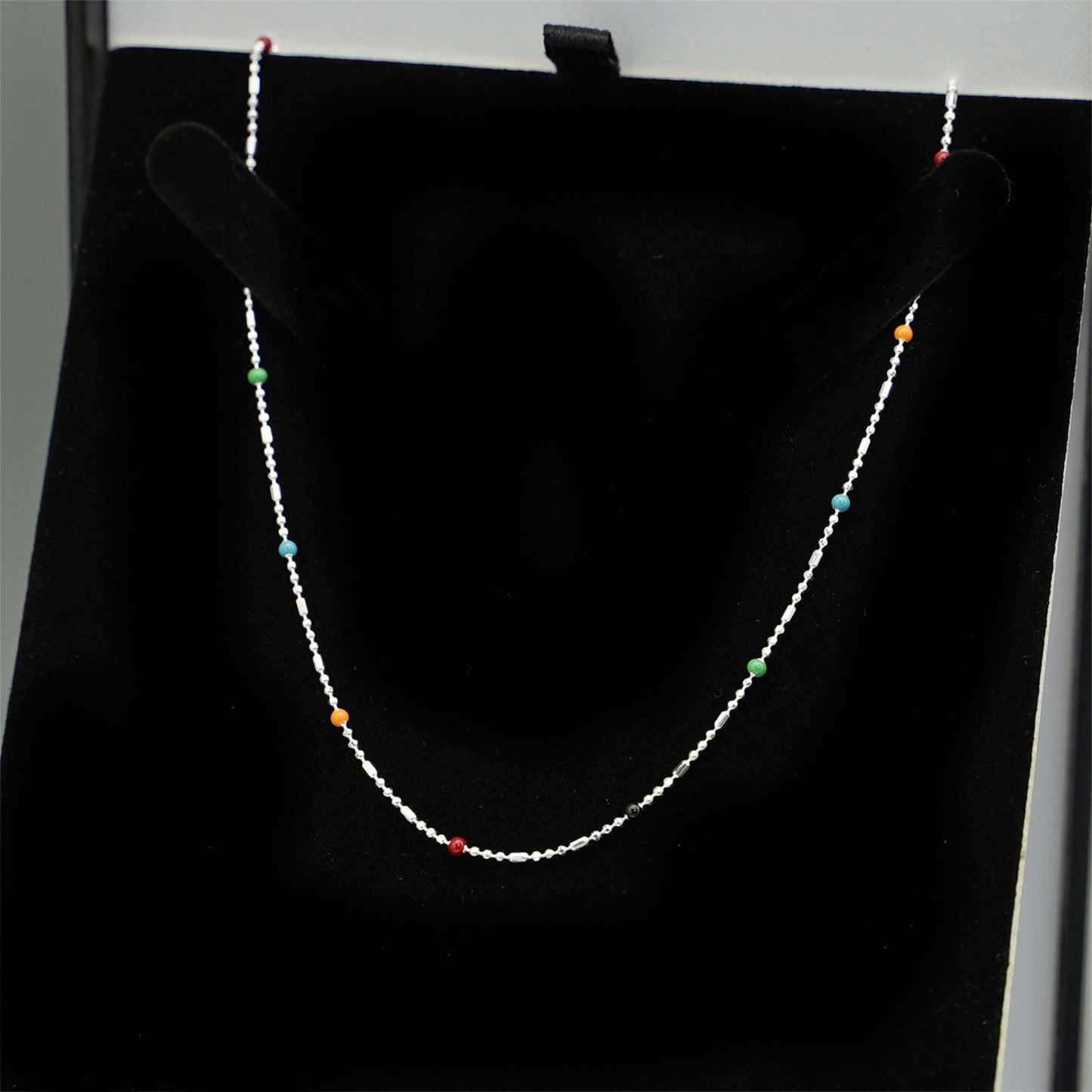 Sterling Silver Rainbow Beads Multi Colour Choker Ball Chain Thin Necklace