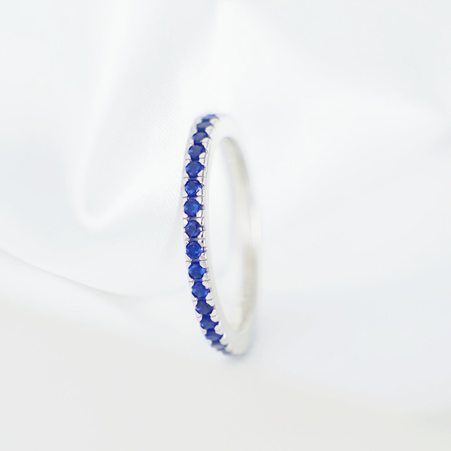 Sterling Silver Full Eternity 2mm Paved CZ Blue Sapphire Stacking Band Ring - sugarkittenlondon