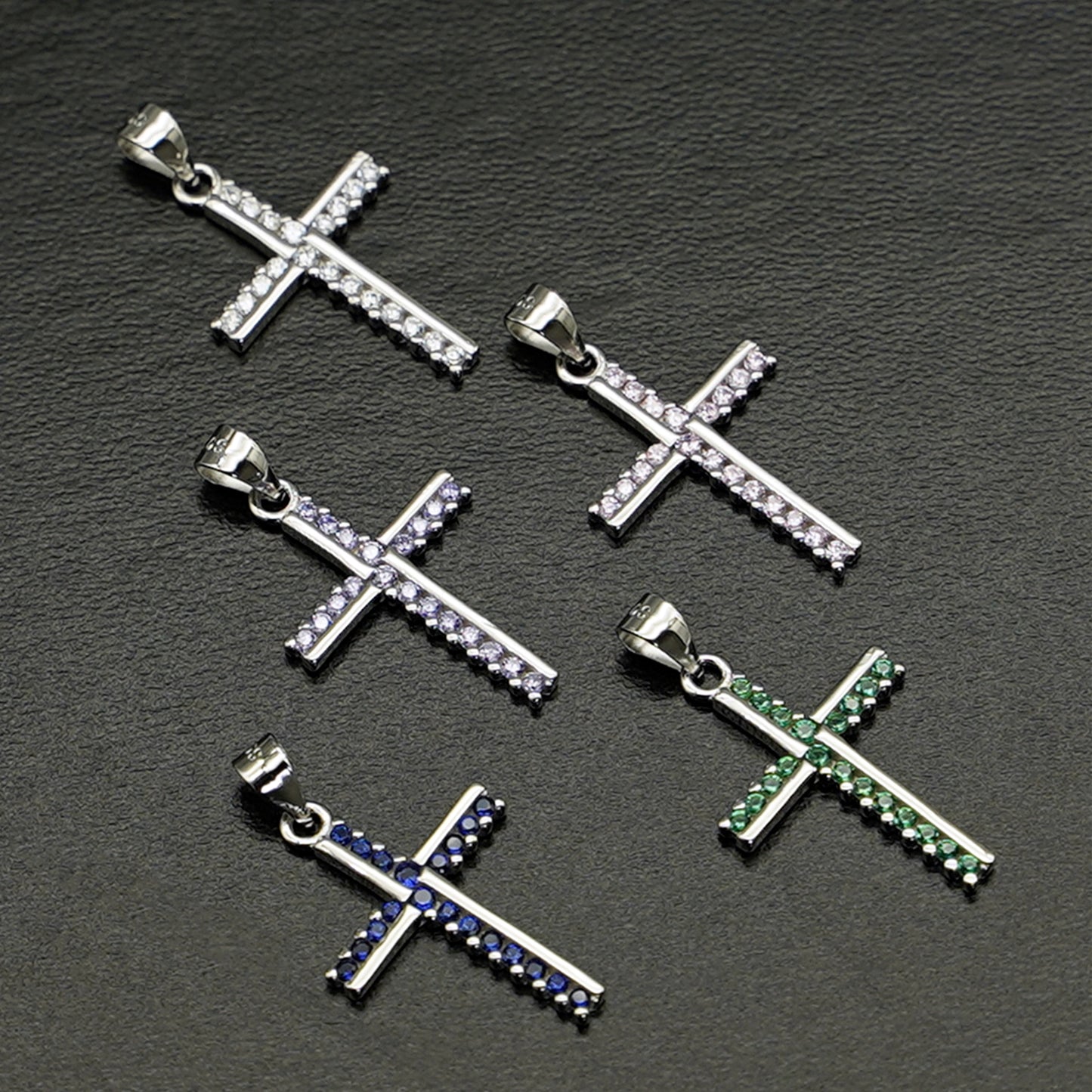 SKL Sterling Silver Half CZ Paved Christian Cross Pendant Necklace Choice of Colours