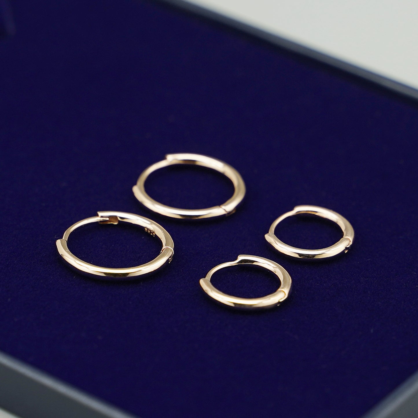 3-Tone Sterling Silver 2mm Band Huggie Sleeper Hoop Earrings (8-14mm Hoops)
