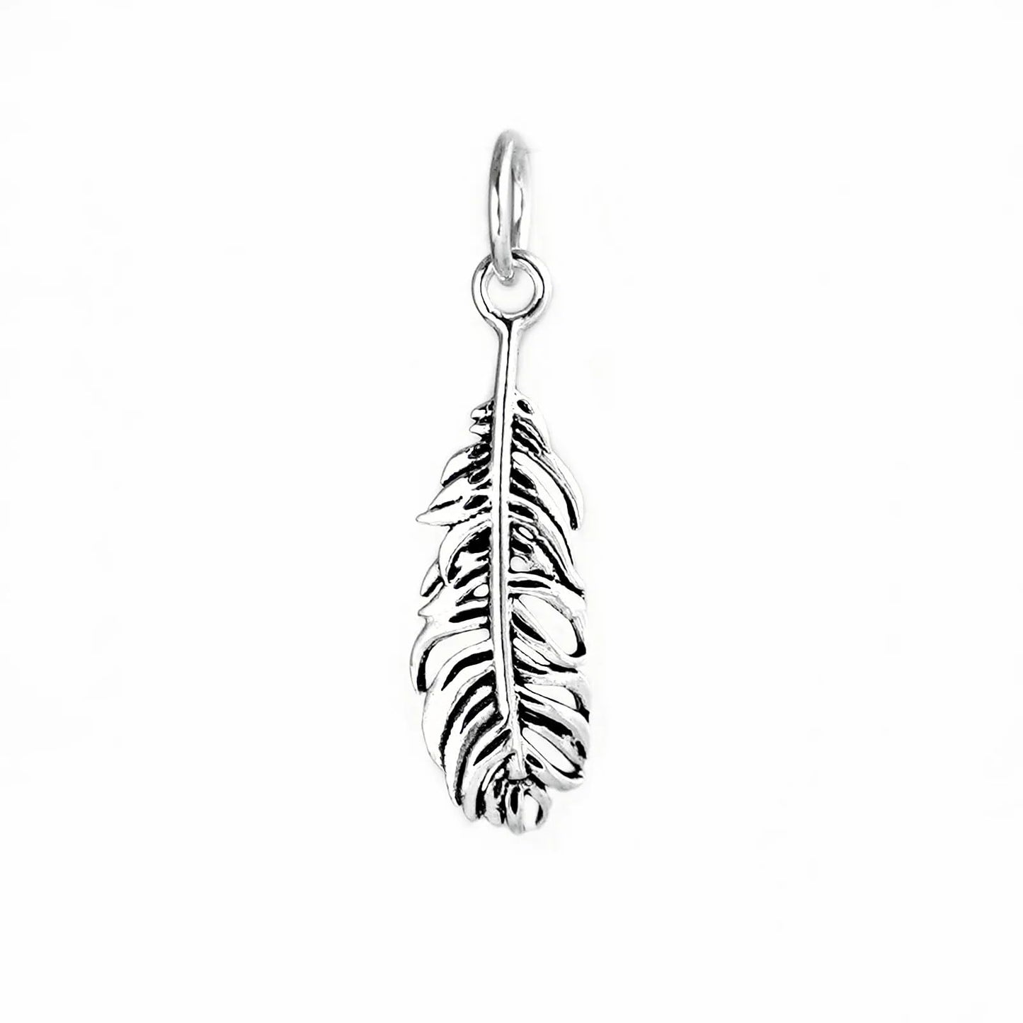 Silver feather wing charm with a hanging loop and detailed feather engraving.