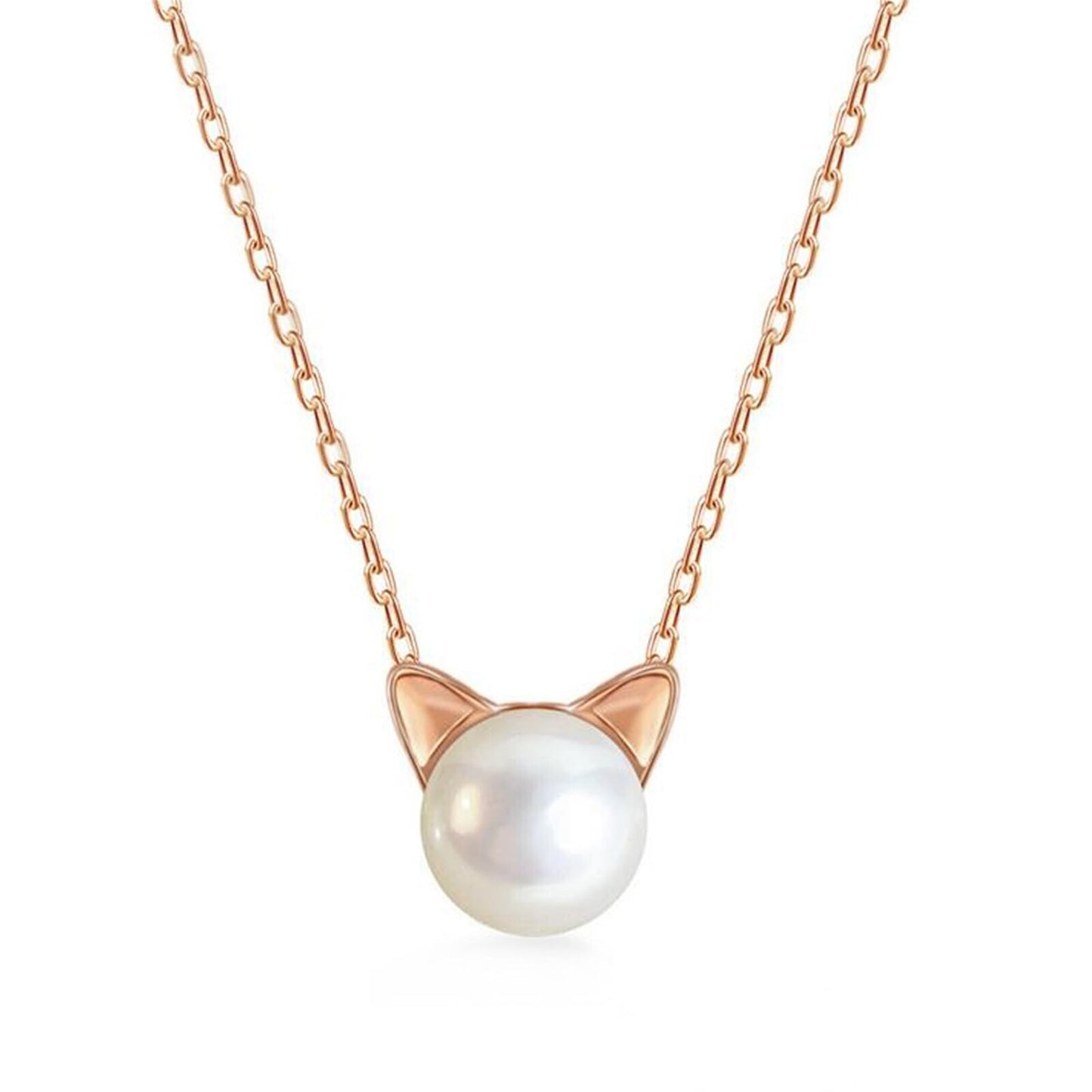 Cat pearl pendant necklace with rose gold-tone chain and round white pearl cat-face charm