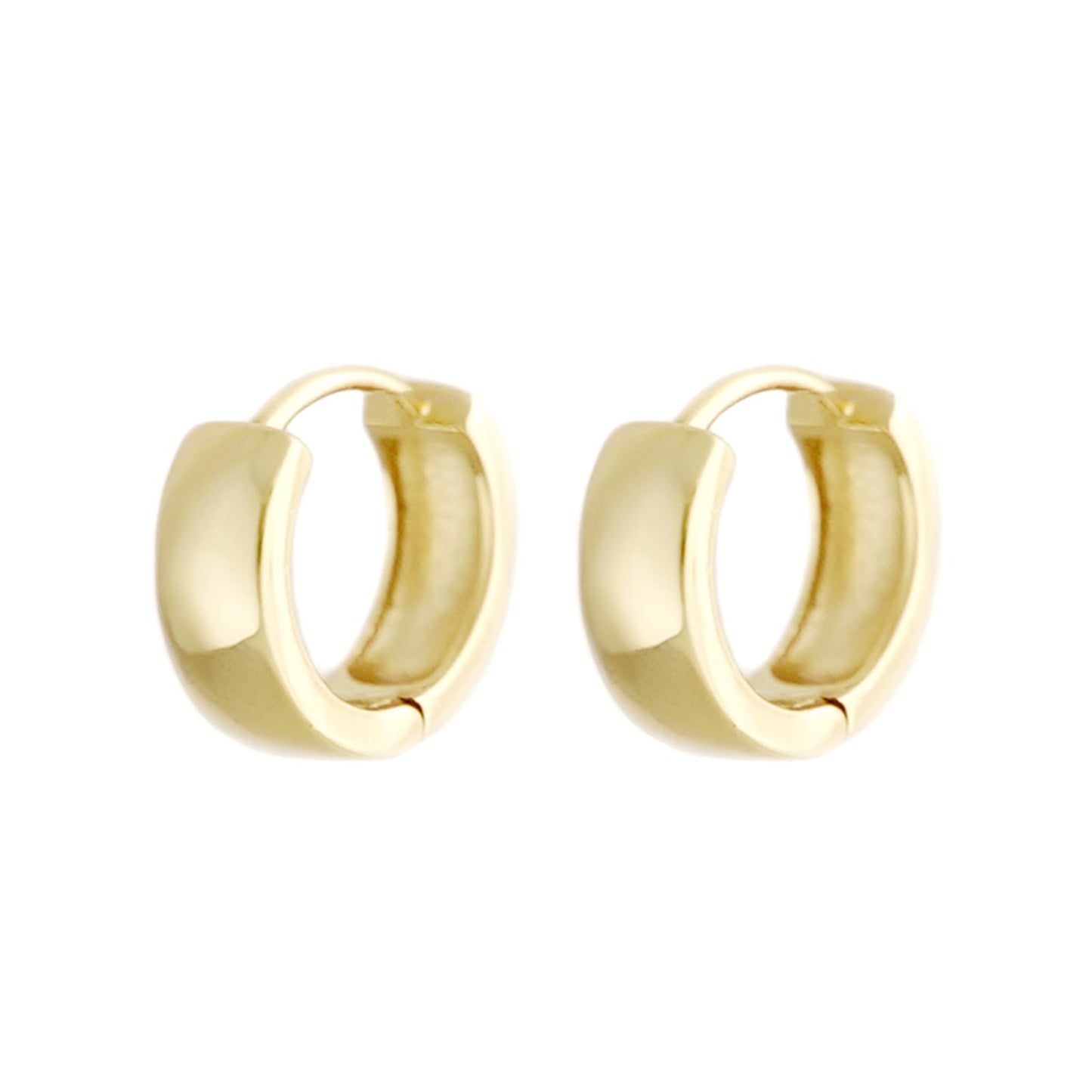 Gold hoop earrings pair, rounded thick hoops with hinge closure