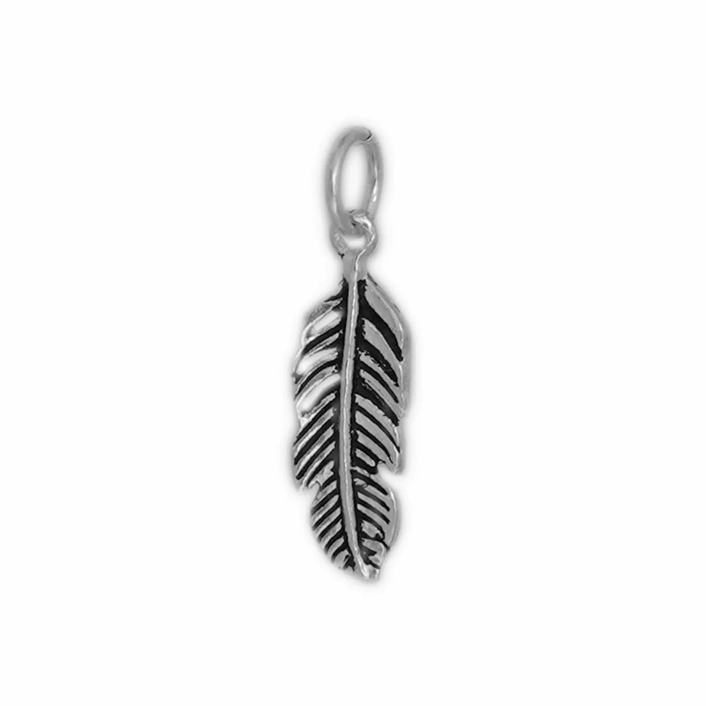 Black enamel feather wing charm with silver loop bail, detailed feather pattern.