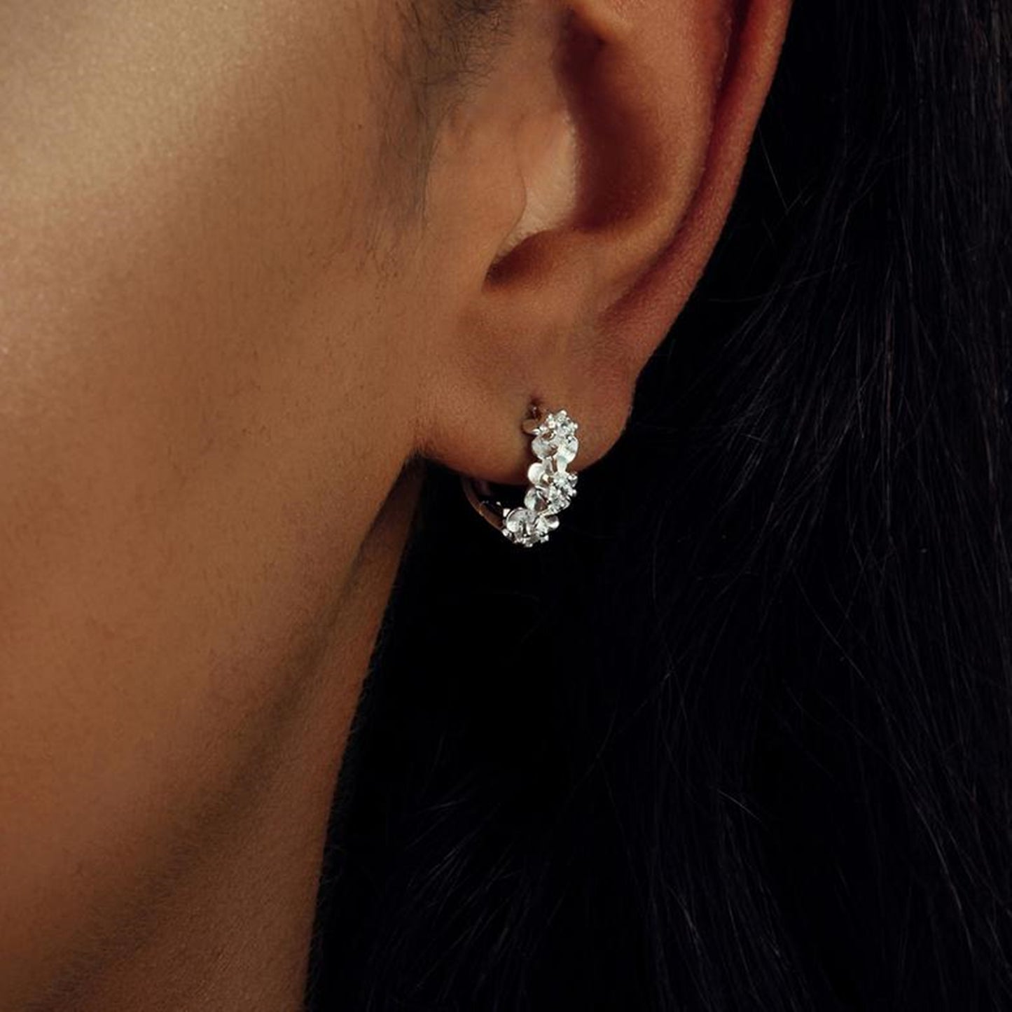 Rhodium on Sterling Silver Triple Camellia Blossom CZ Huggie Hoop Earrings - sugarkittenlondon