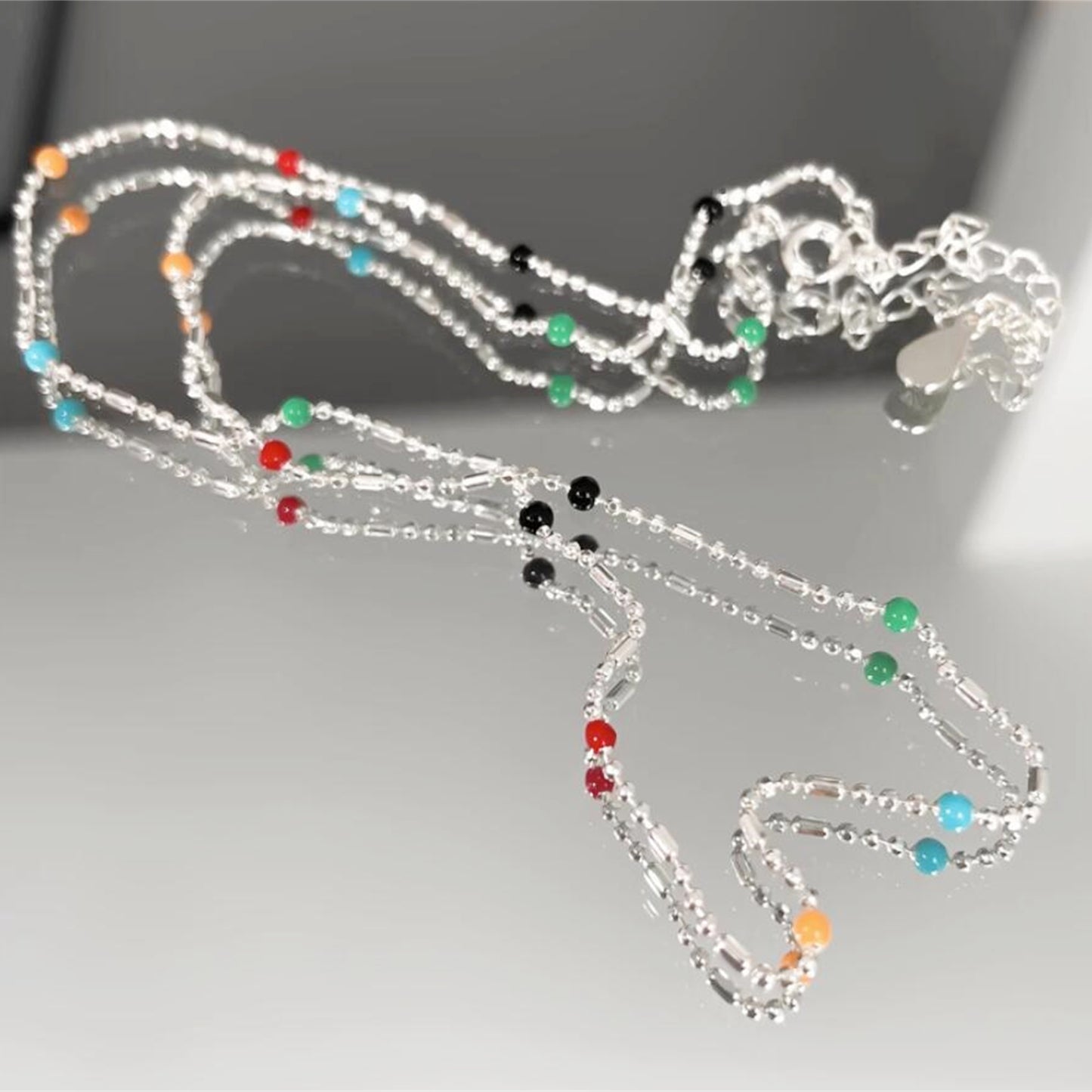 Sterling Silver Rainbow Beads Multi Colour Choker Ball Chain Thin Necklace