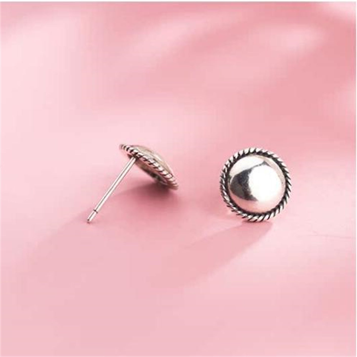 Sterling Silver Oxidized 10mm Dome Dot Stud Half Ball Twist Knot Edged Earrings