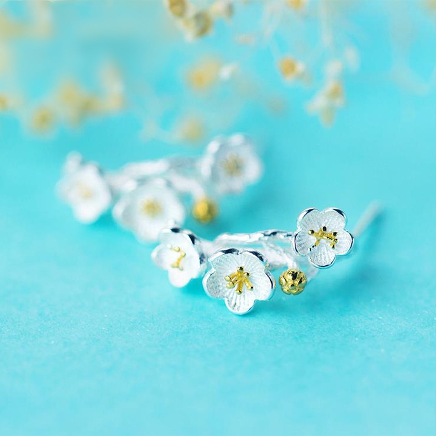 Sterling Silver and Gold Plum Blossom Stud Earrings - Dainty Flower Branch Line Design
