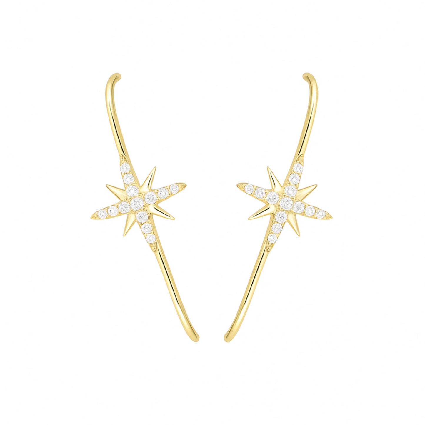 Gold-tone starburst stud earrings with clear stones and curved front wire loops