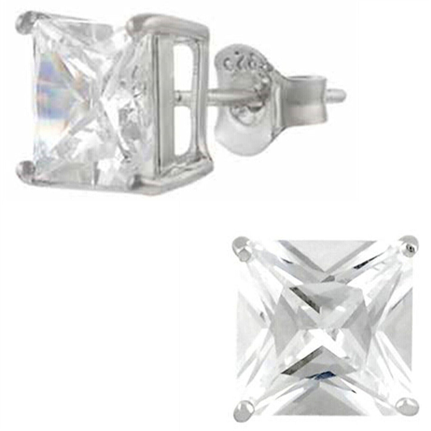 Sterling Silver Princess Cut Square CZ Unsiex Stud Earrings in Black and White, 2.5-10mm